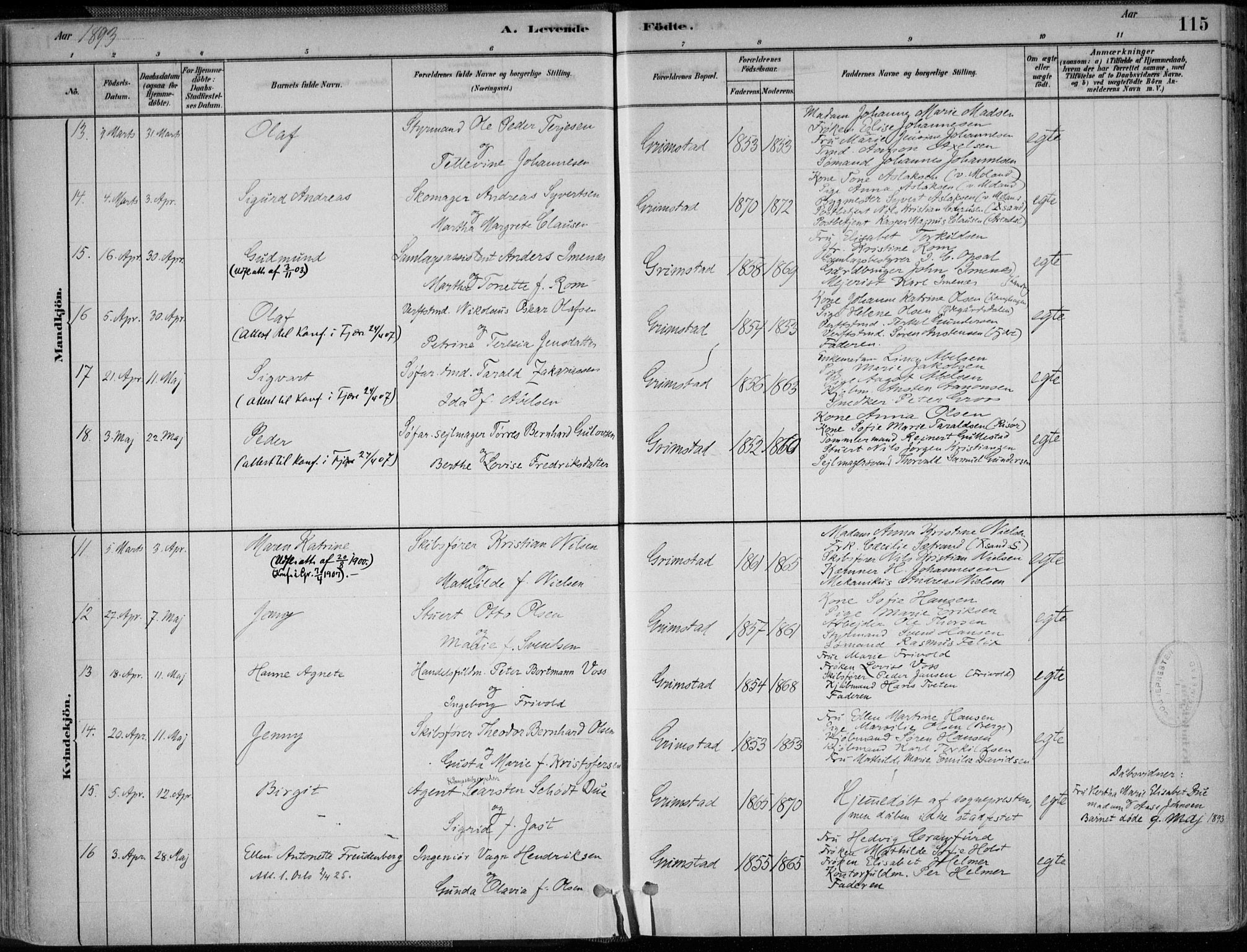 Grimstad sokneprestkontor, SAK/1111-0017/F/Fa/L0003: Parish register (official) no. A 2, 1882-1912, p. 115