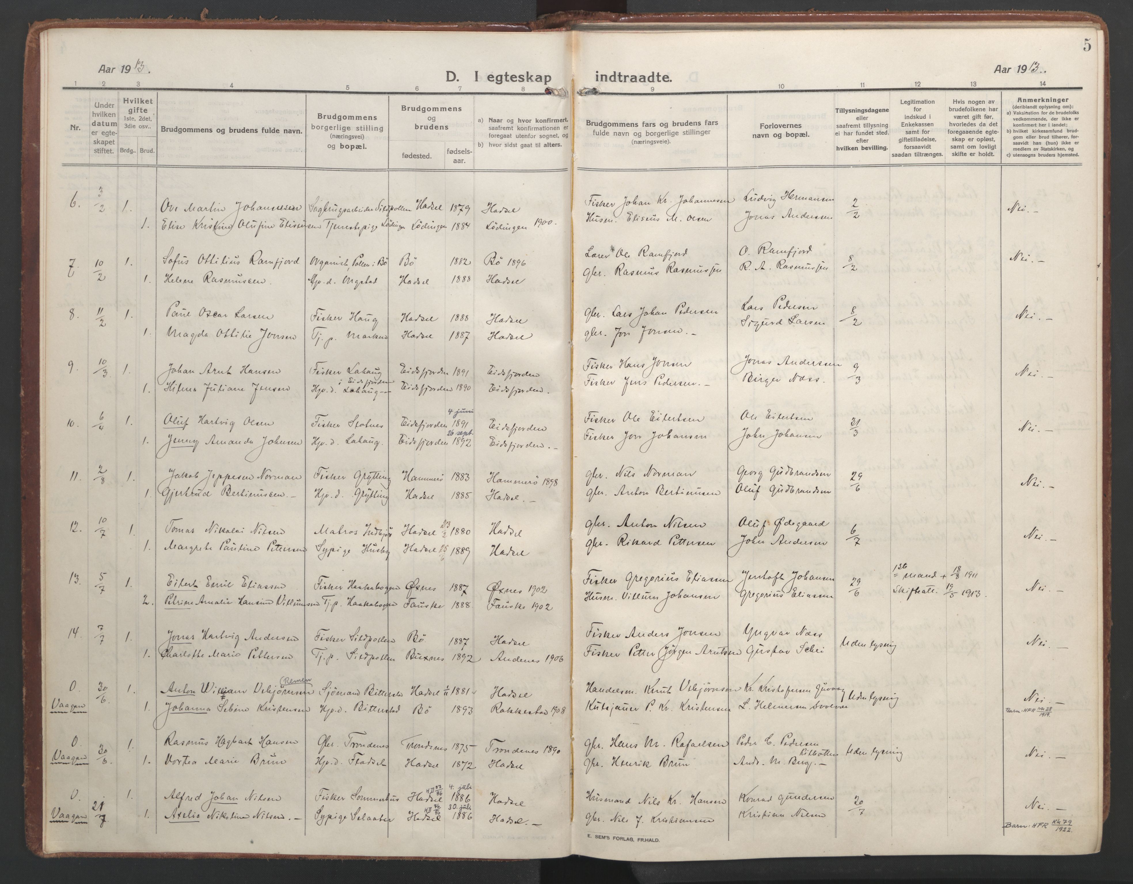 Ministerialprotokoller, klokkerbøker og fødselsregistre - Nordland, AV/SAT-A-1459/888/L1251: Parish register (official) no. 888A17, 1913-1925, p. 5