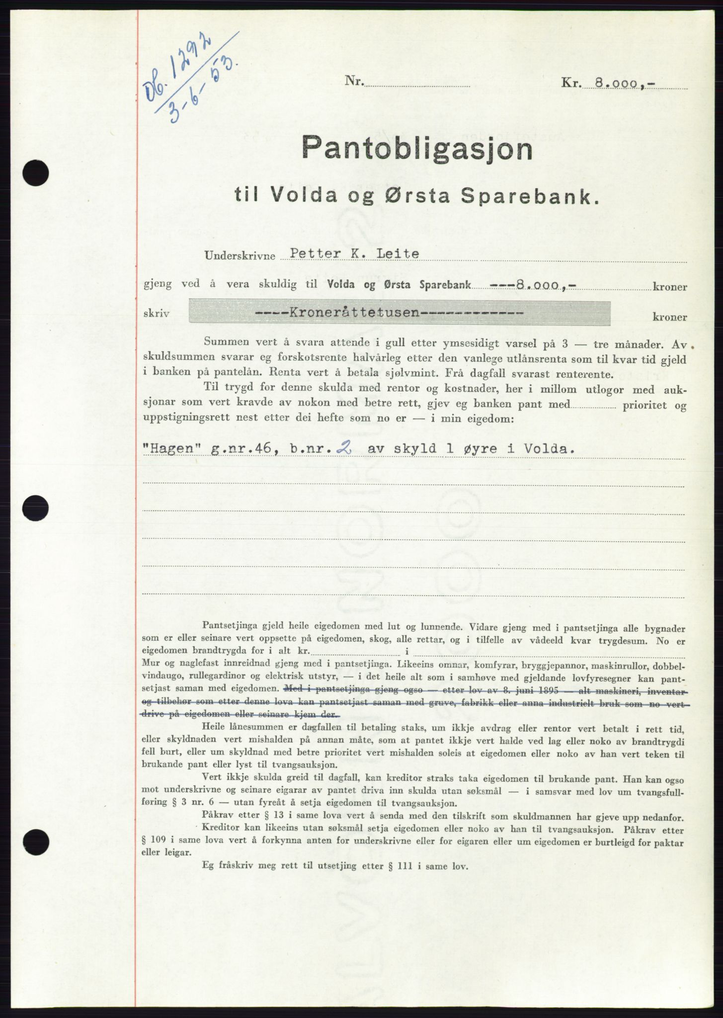 Søre Sunnmøre sorenskriveri, AV/SAT-A-4122/1/2/2C/L0123: Mortgage book no. 11B, 1953-1953, Diary no: : 1292/1953