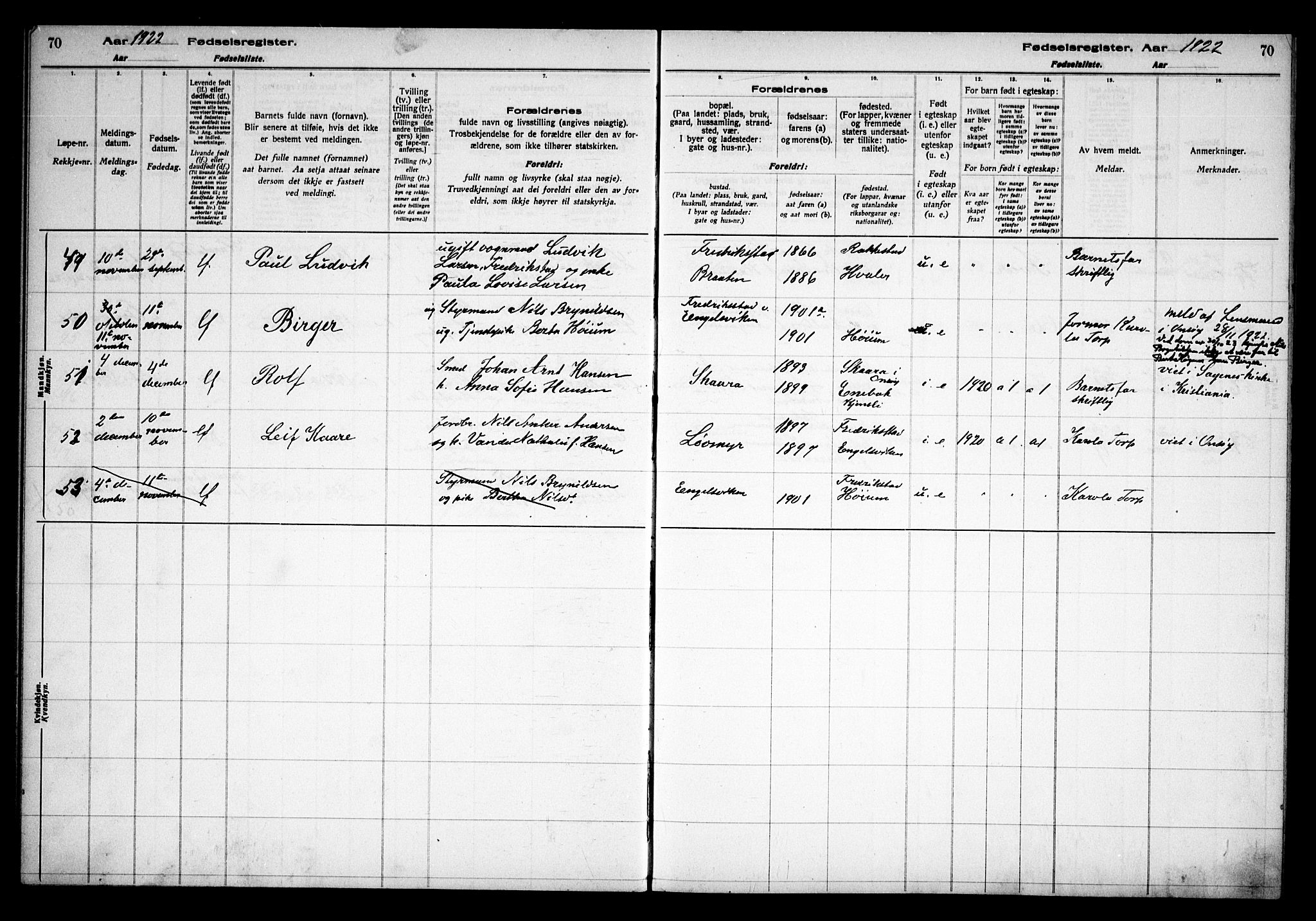 Onsøy prestekontor Kirkebøker, AV/SAO-A-10914/J/Ja/L0001: Birth register no. I 1, 1916-1937, p. 70