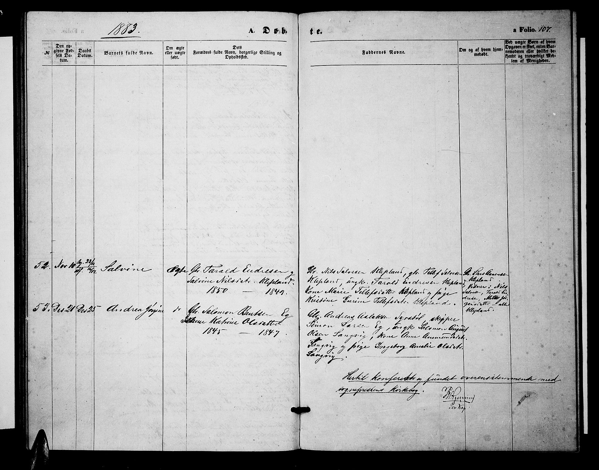 Søgne sokneprestkontor, SAK/1111-0037/F/Fb/Fbb/L0004: Parish register (copy) no. B 4, 1864-1883, p. 107