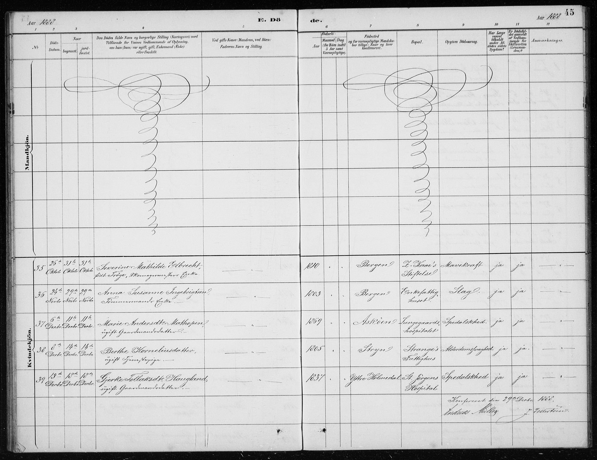 St. Jørgens hospital og Årstad sokneprestembete, AV/SAB-A-99934: Parish register (copy) no. A 10, 1886-1910, p. 45