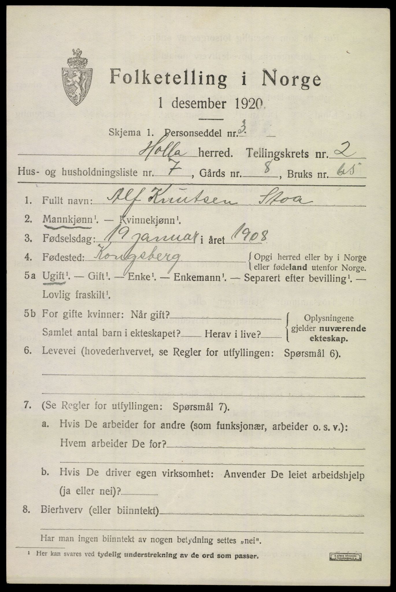 SAKO, 1920 census for Holla, 1920, p. 1845