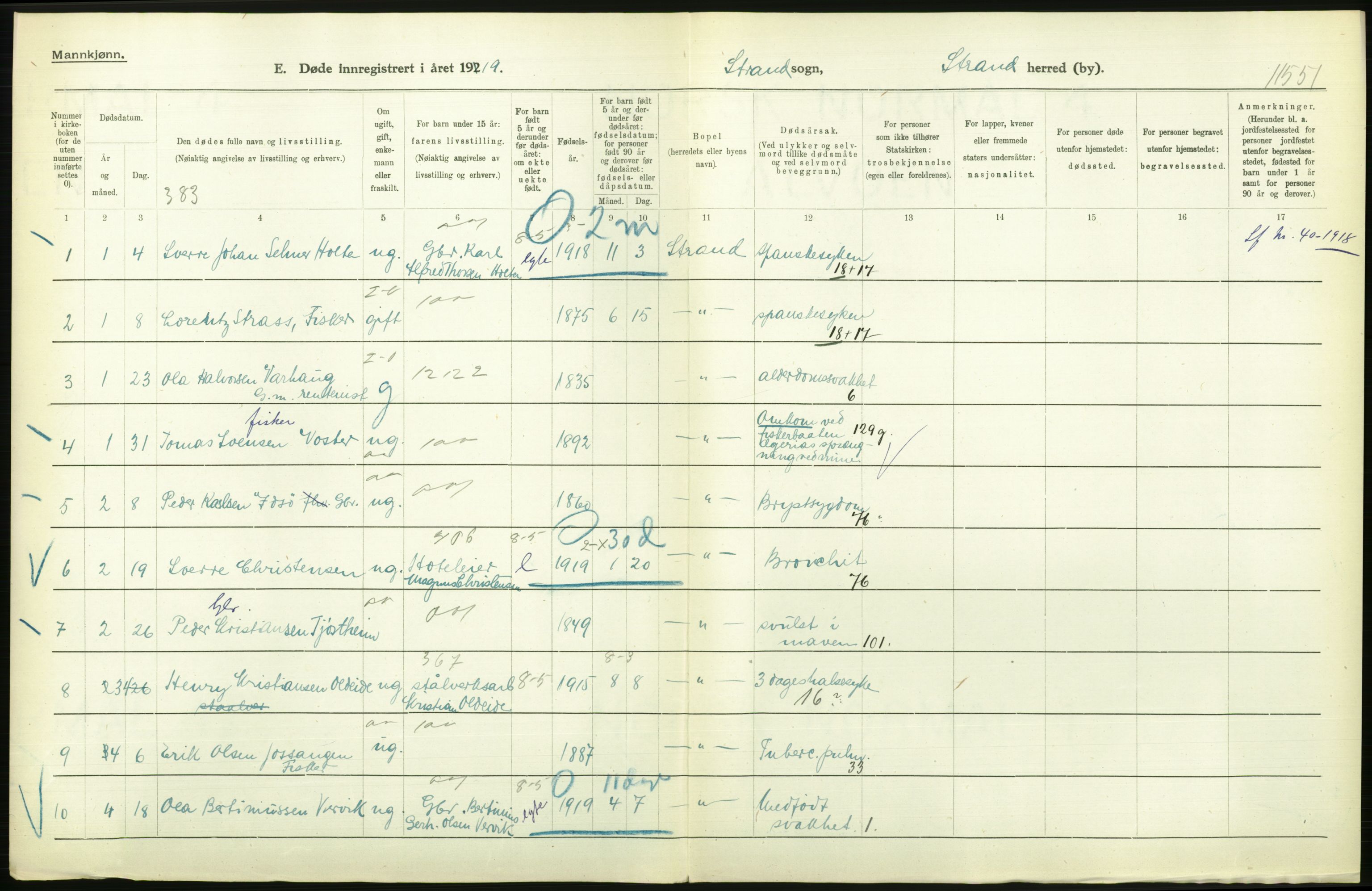 Statistisk sentralbyrå, Sosiodemografiske emner, Befolkning, AV/RA-S-2228/D/Df/Dfb/Dfbi/L0030: Rogaland fylke: Døde. Bygder og byer., 1919, p. 86