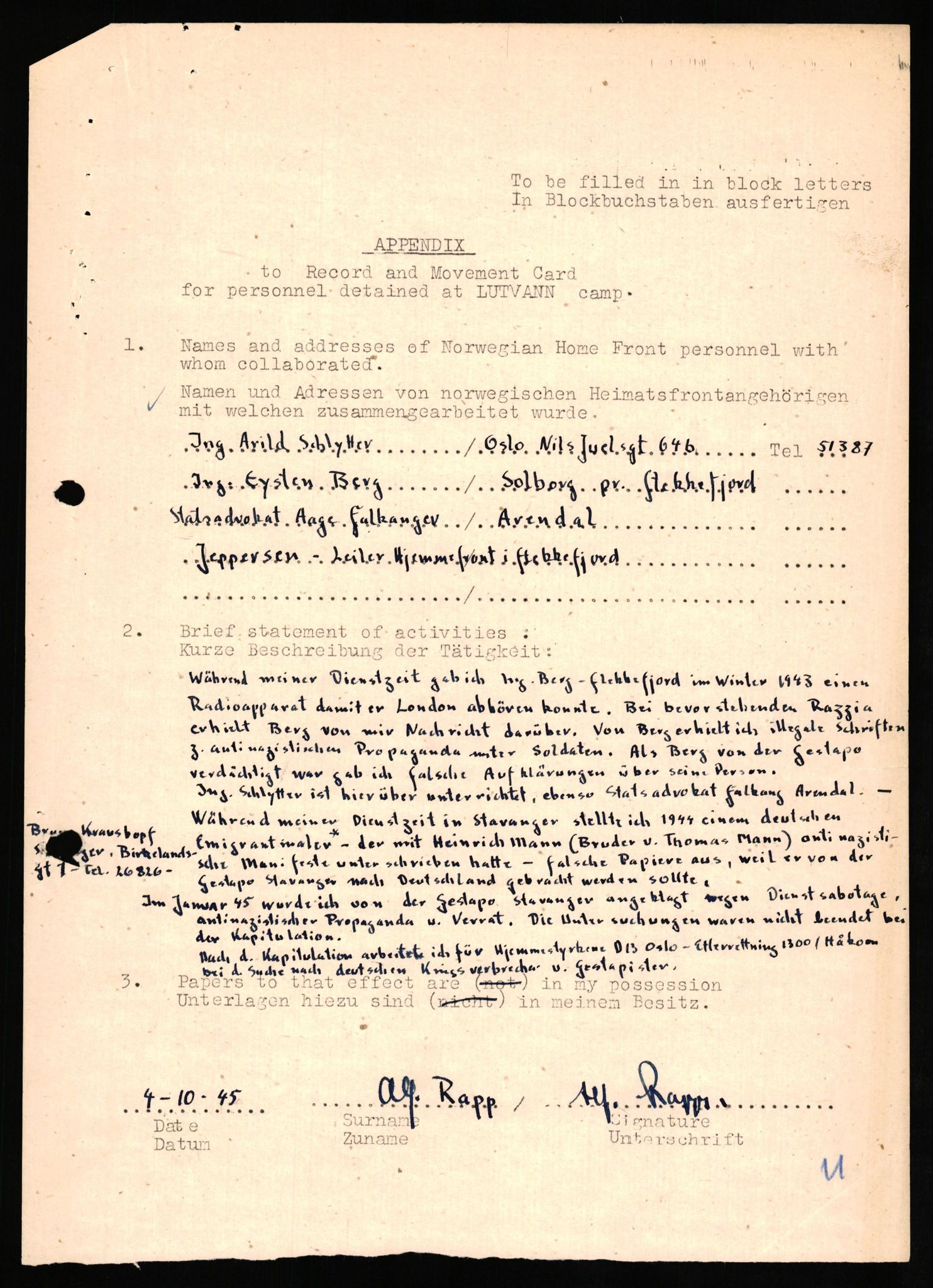 Forsvaret, Forsvarets overkommando II, AV/RA-RAFA-3915/D/Db/L0027: CI Questionaires. Tyske okkupasjonsstyrker i Norge. Tyskere., 1945-1946, p. 12