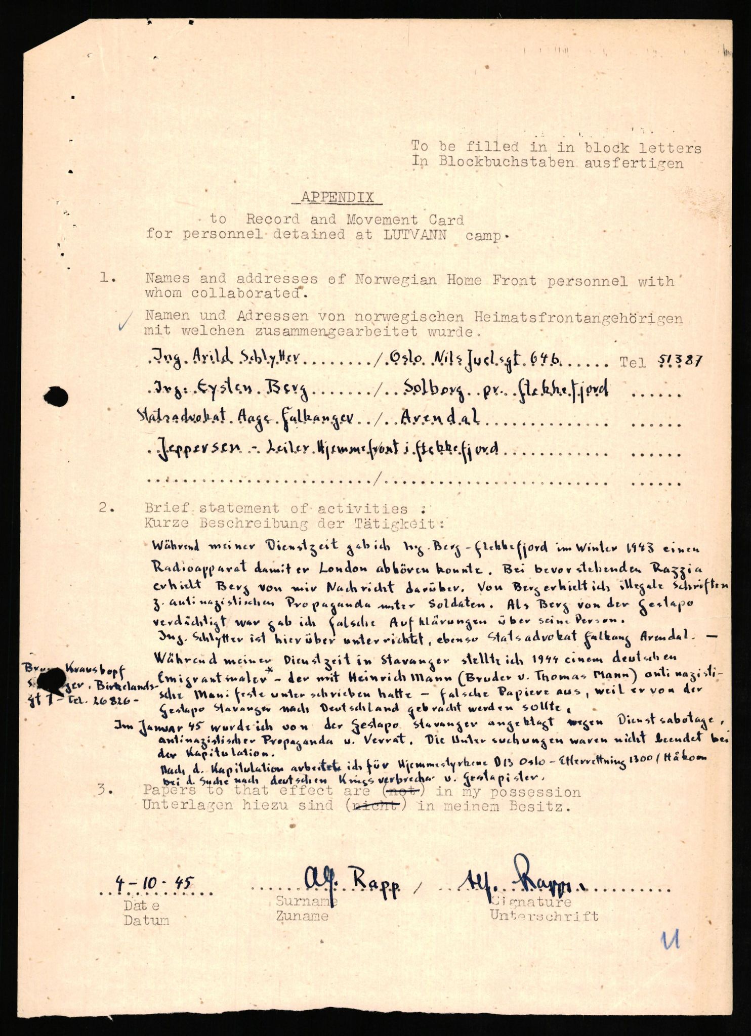 Forsvaret, Forsvarets overkommando II, AV/RA-RAFA-3915/D/Db/L0027: CI Questionaires. Tyske okkupasjonsstyrker i Norge. Tyskere., 1945-1946, p. 12