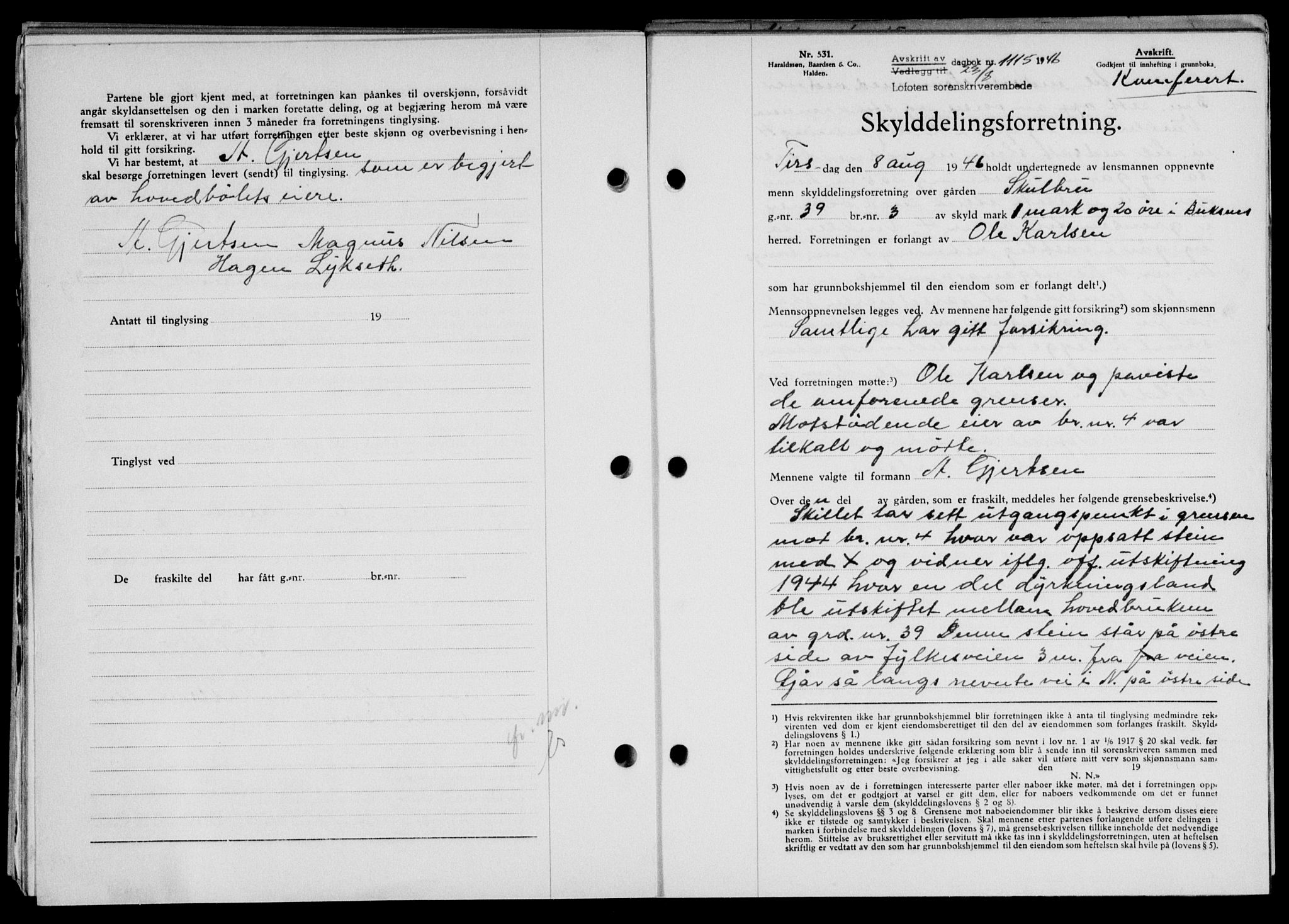 Lofoten sorenskriveri, SAT/A-0017/1/2/2C/L0014a: Mortgage book no. 14a, 1946-1946, Diary no: : 1115/1946