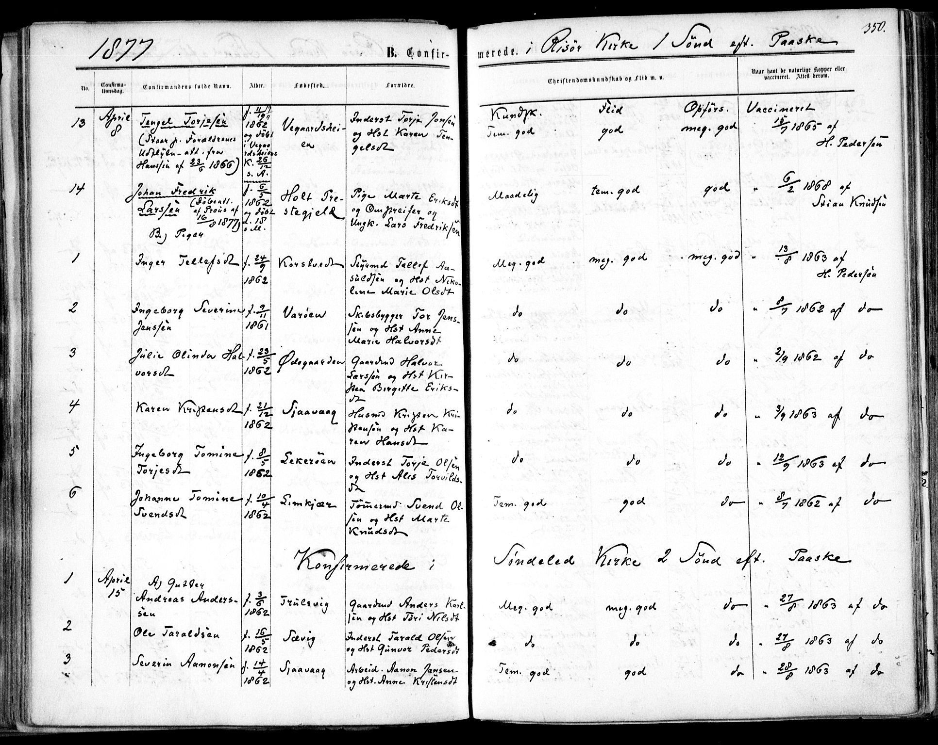 Søndeled sokneprestkontor, SAK/1111-0038/F/Fa/L0003: Parish register (official) no. A 3, 1861-1879, p. 350