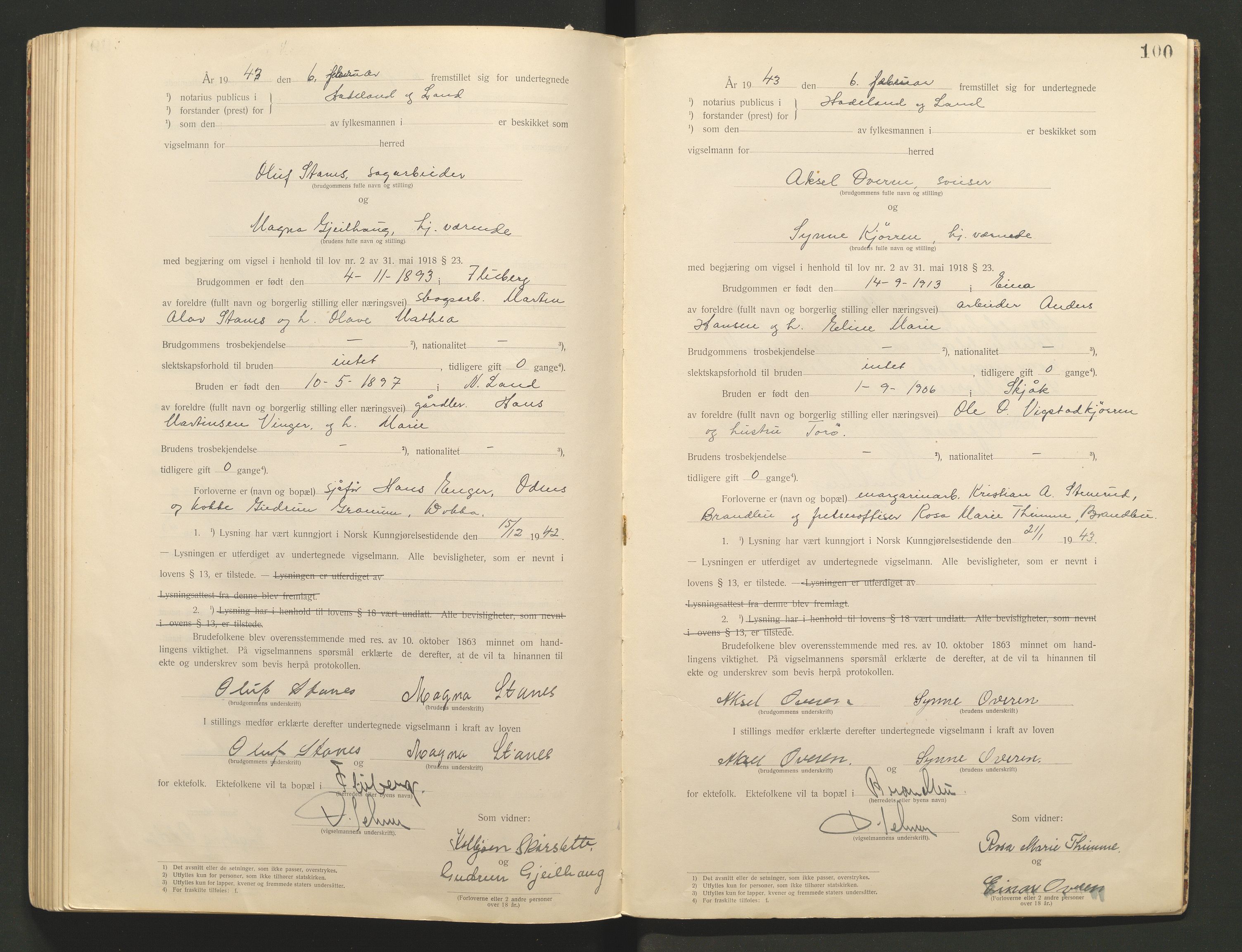 Hadeland og Land tingrett, AV/SAH-TING-010/L/Lb/L0001: Vigselbok, 1920-1943, p. 100
