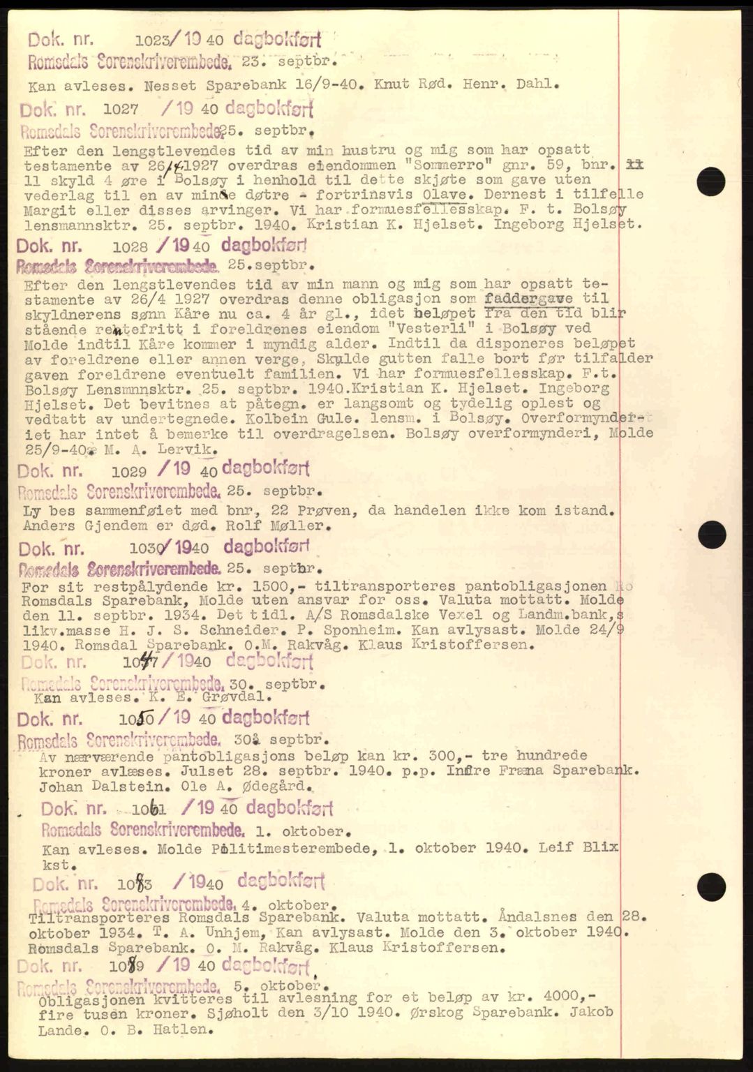 Romsdal sorenskriveri, AV/SAT-A-4149/1/2/2C: Mortgage book no. C1a, 1936-1945, Diary no: : 1023/1940