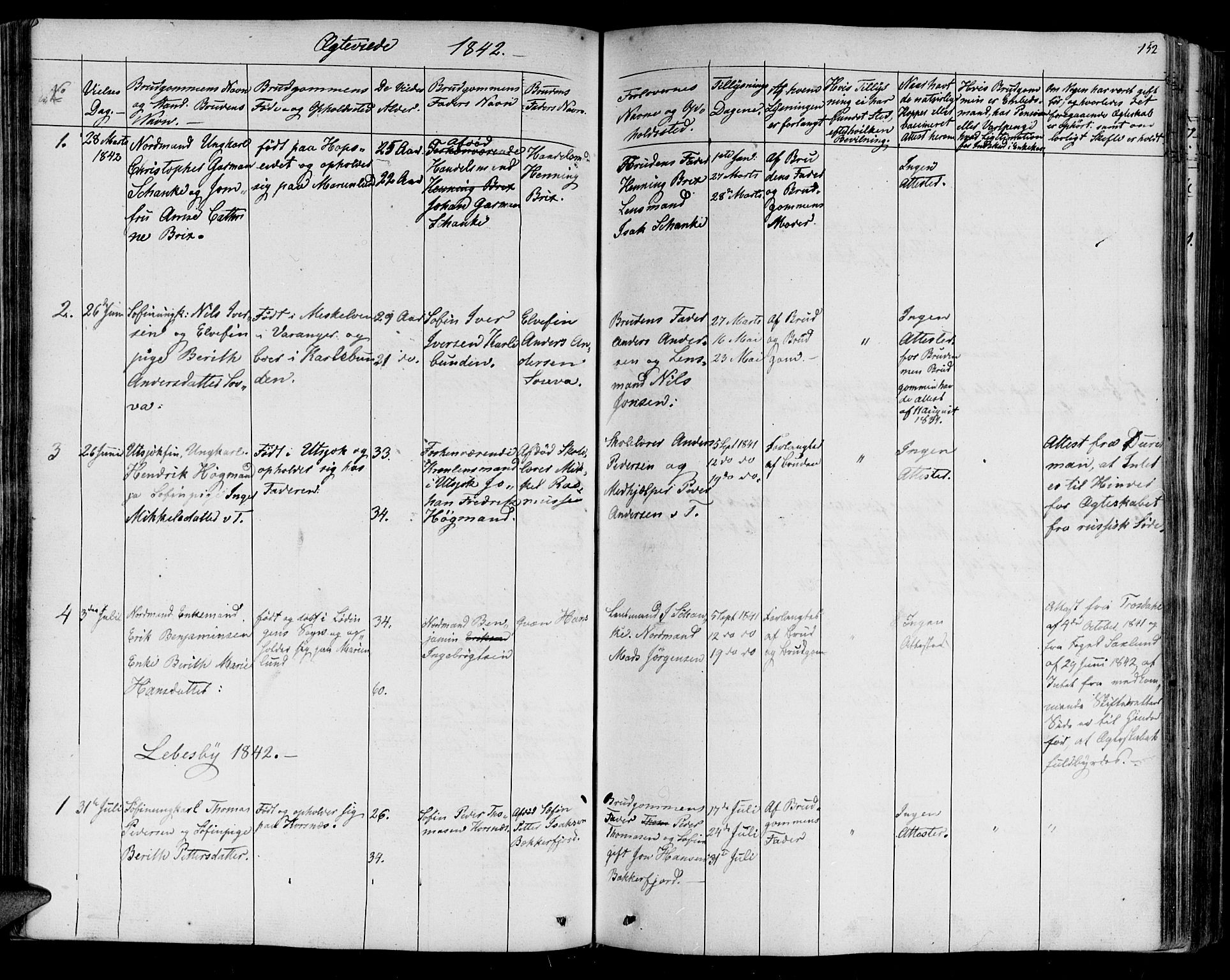Lebesby sokneprestkontor, AV/SATØ-S-1353/H/Ha/L0003kirke: Parish register (official) no. 3, 1833-1852, p. 152