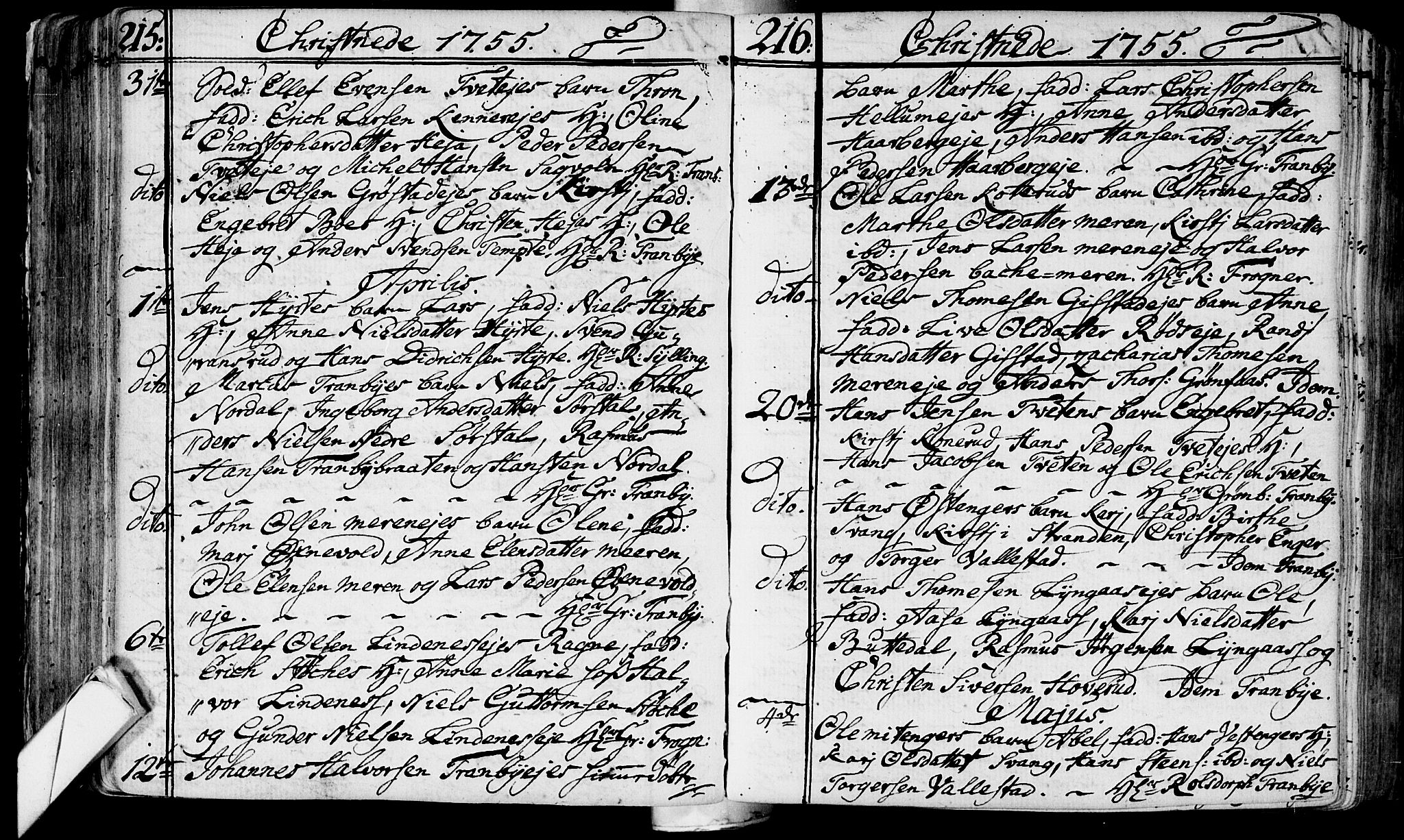 Lier kirkebøker, AV/SAKO-A-230/F/Fa/L0004: Parish register (official) no. I 4, 1749-1764, p. 215-216