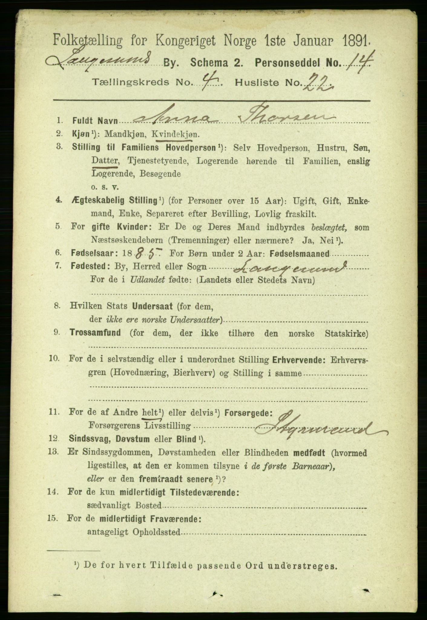 RA, 1891 census for 0802 Langesund, 1891, p. 1288