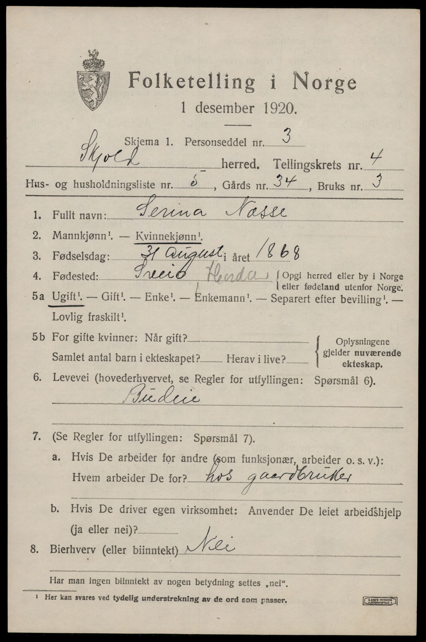 SAST, 1920 census for Skjold, 1920, p. 2380