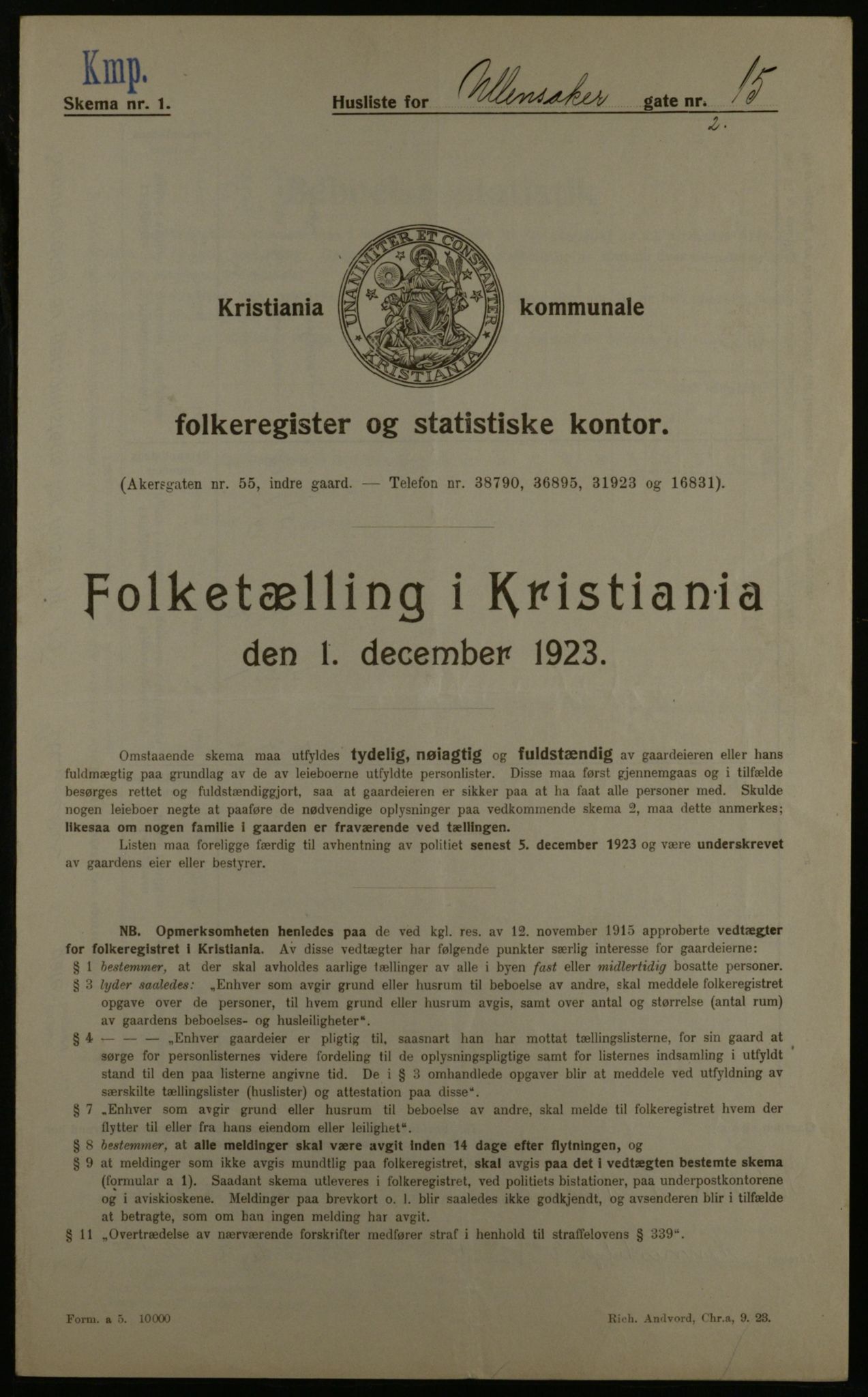 OBA, Municipal Census 1923 for Kristiania, 1923, p. 131315