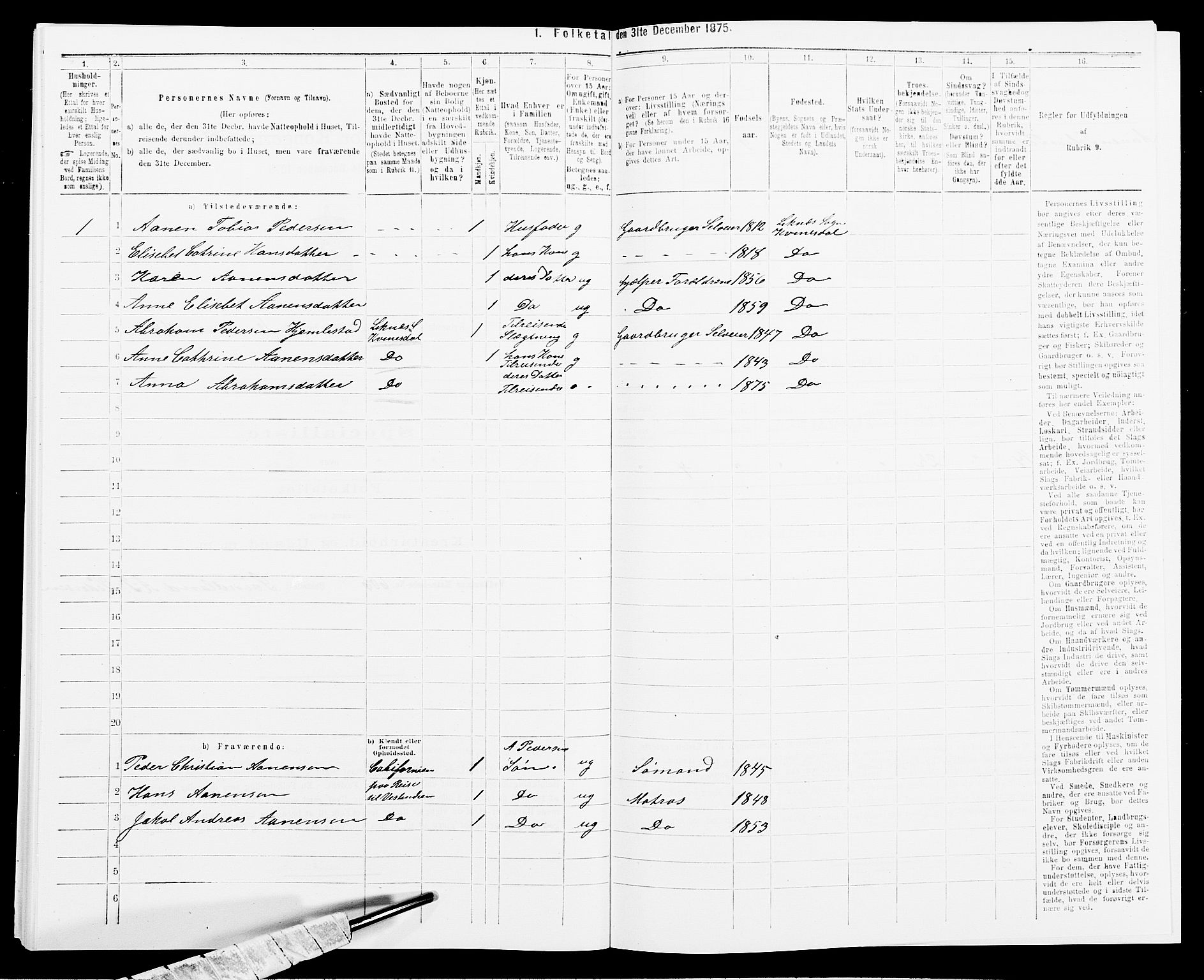 SAK, 1875 census for 1037P Kvinesdal, 1875, p. 1083