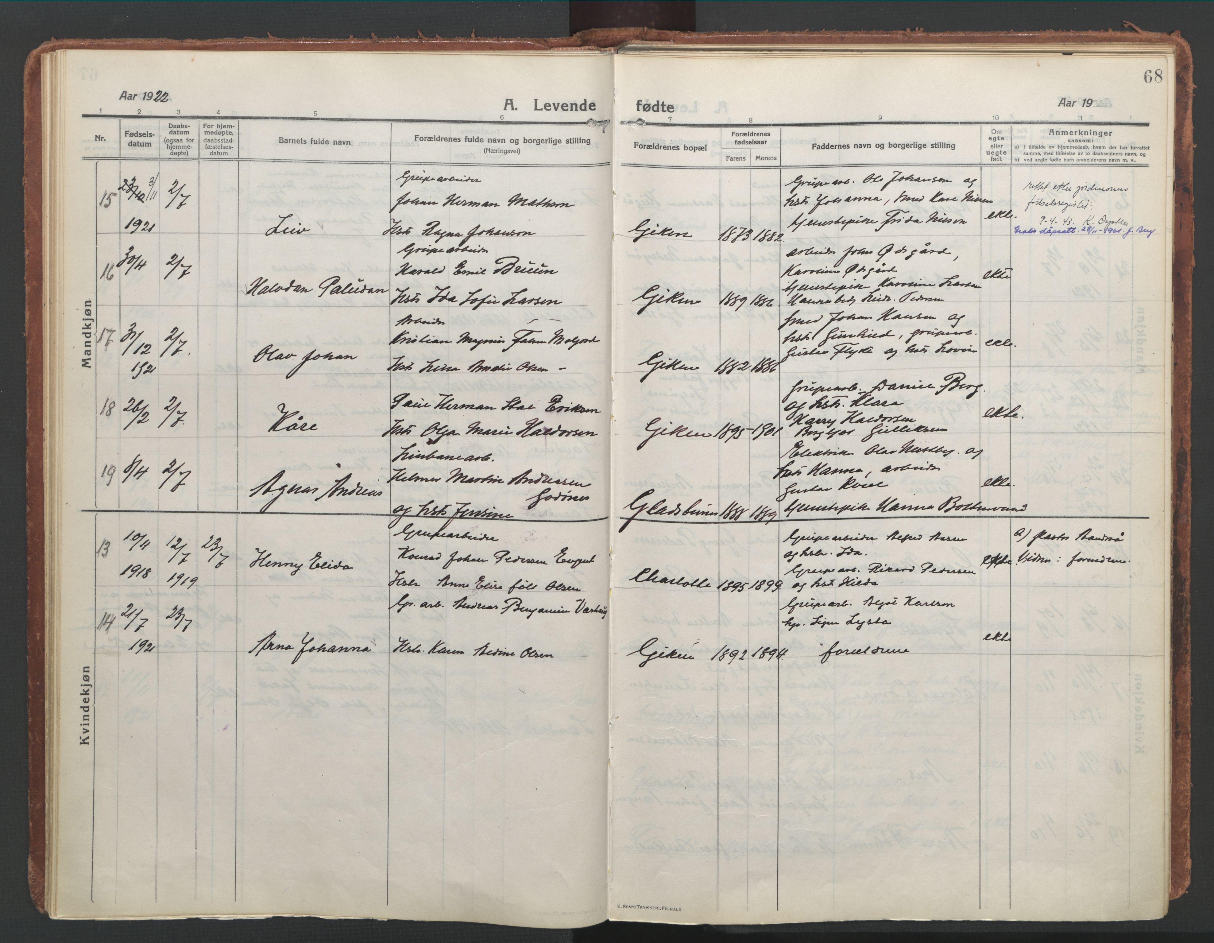 Ministerialprotokoller, klokkerbøker og fødselsregistre - Nordland, AV/SAT-A-1459/850/L0715: Curate's parish register no. 850B05, 1913-1924, p. 68