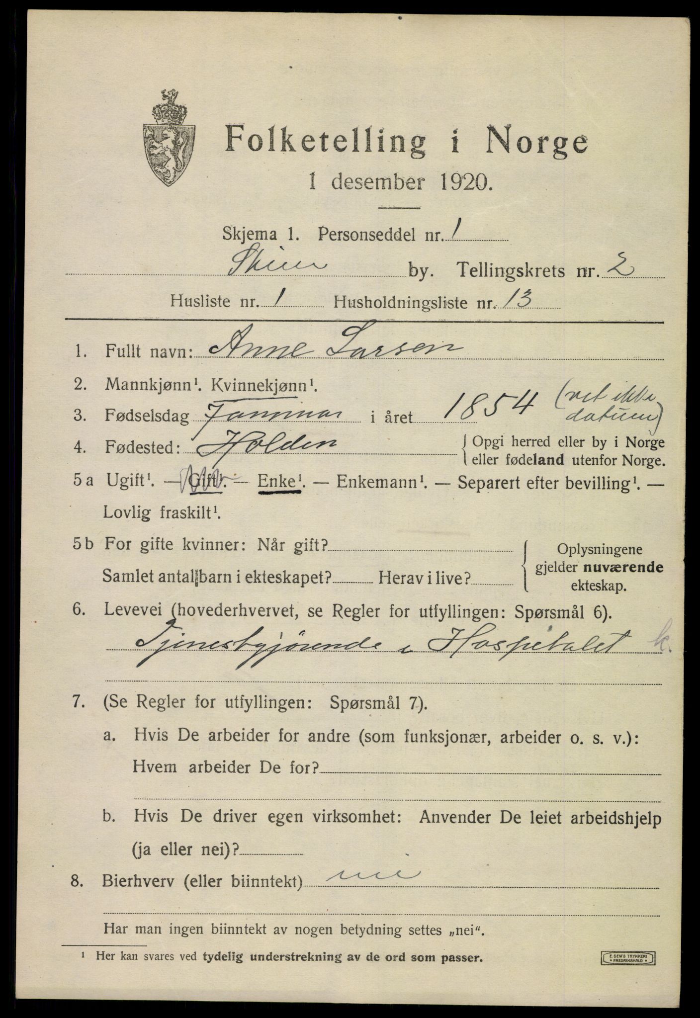 SAKO, 1920 census for Skien, 1920, p. 13556