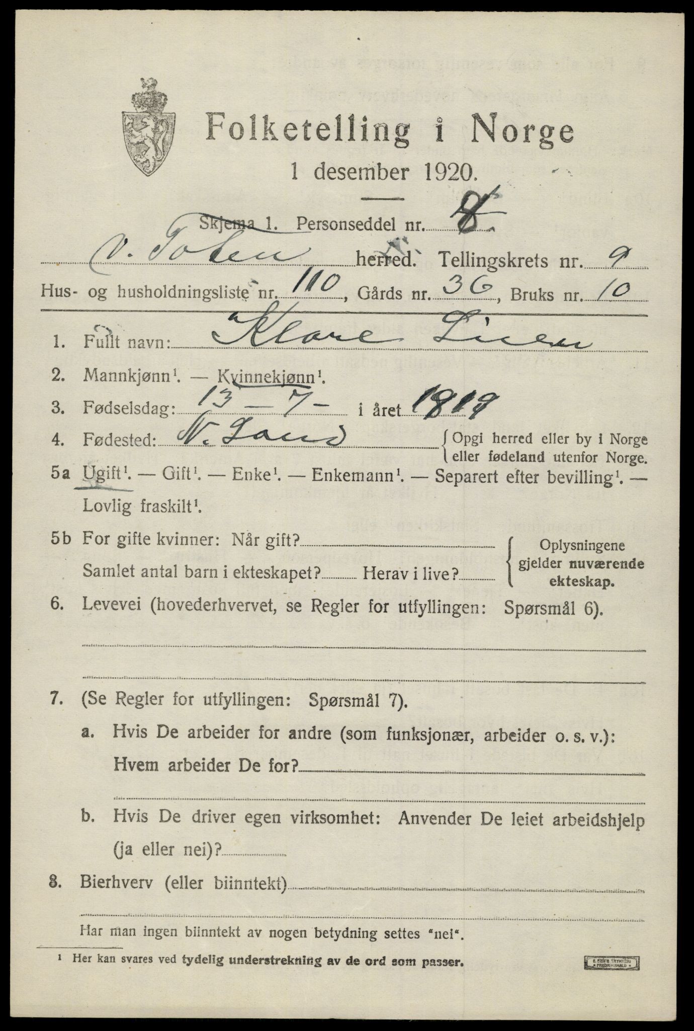 SAH, 1920 census for Vestre Toten, 1920, p. 12990