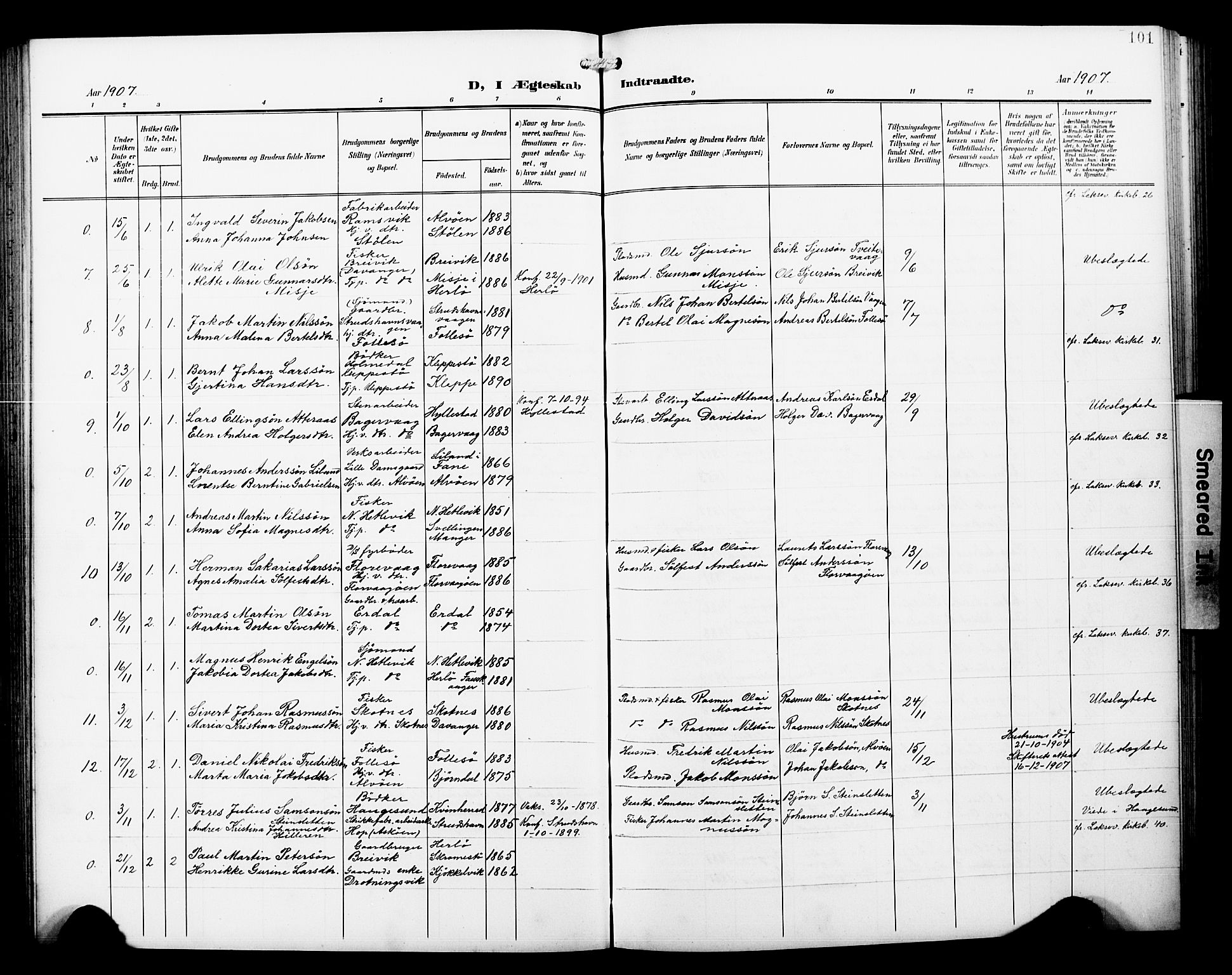 Askøy Sokneprestembete, AV/SAB-A-74101/H/Ha/Hab/Haba/L0014: Parish register (copy) no. A 14, 1904-1927, p. 101