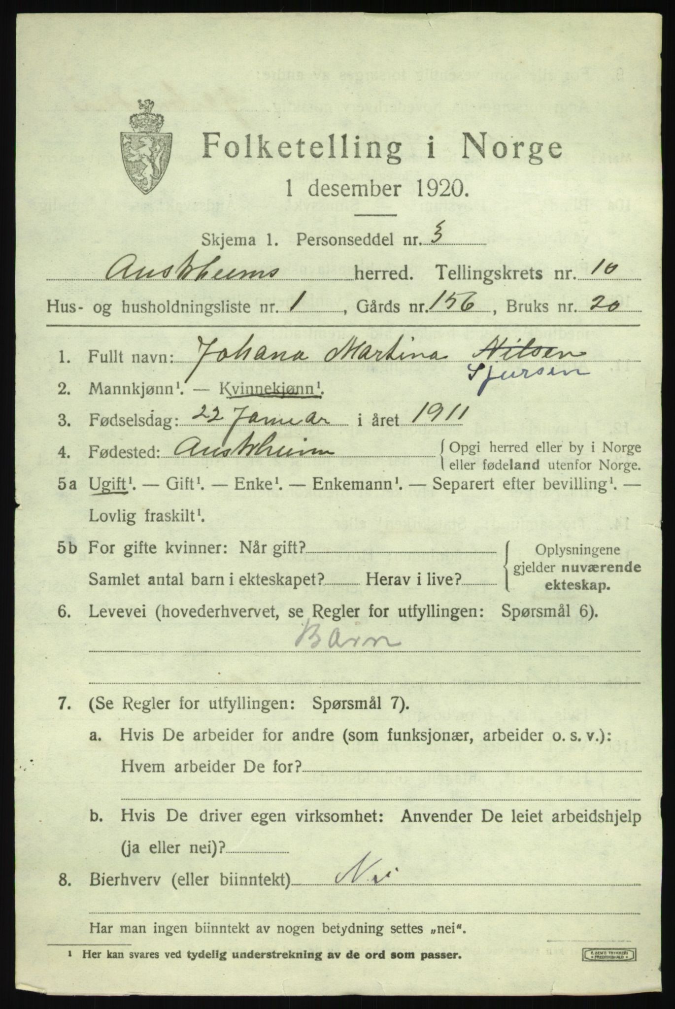 SAB, 1920 census for Austrheim, 1920, p. 3474