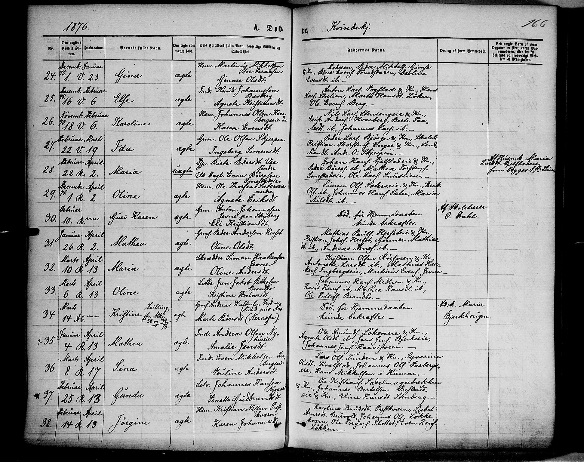 Ringsaker prestekontor, AV/SAH-PREST-014/K/Ka/L0011: Parish register (official) no. 11, 1870-1878, p. 166