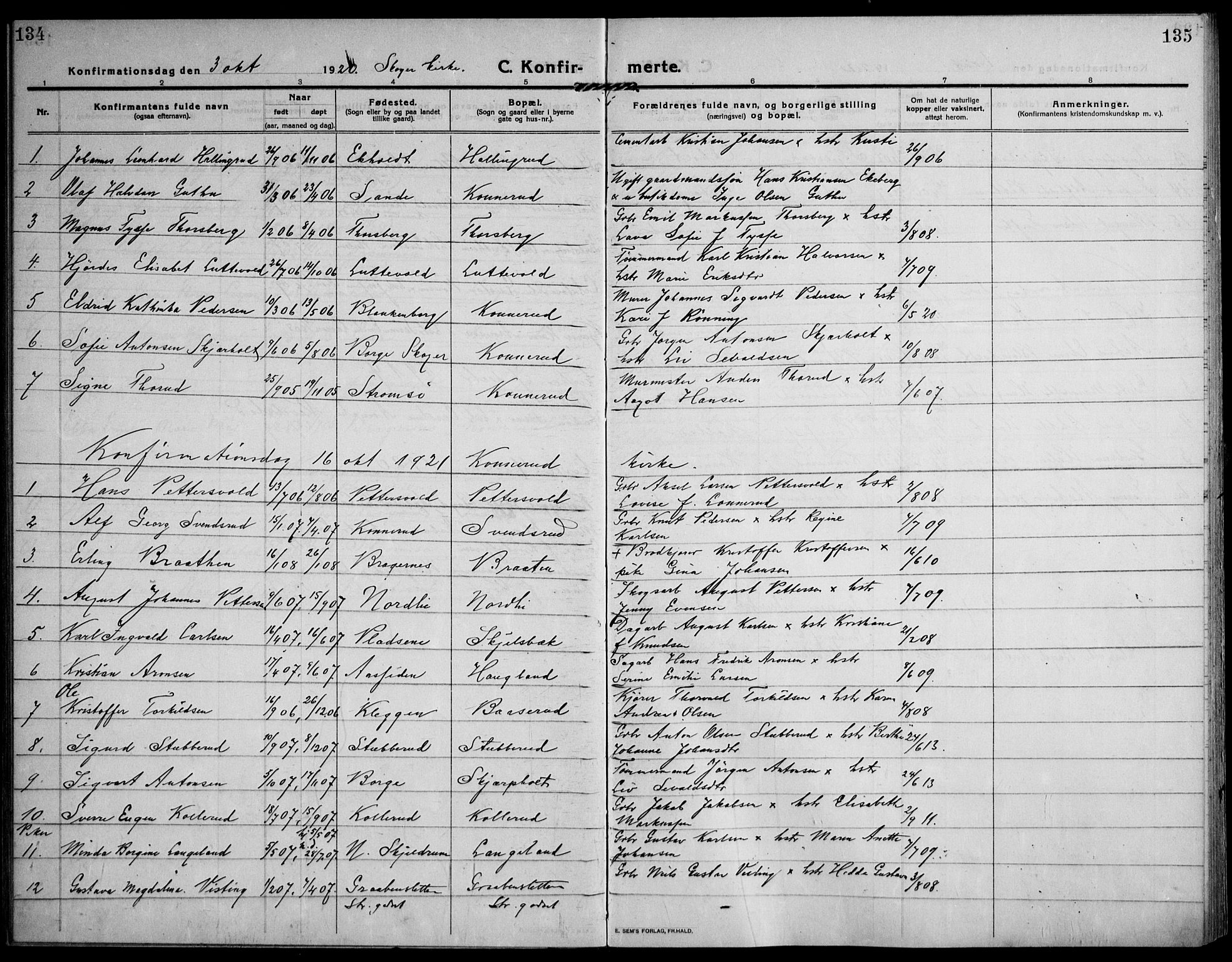 Skoger kirkebøker, SAKO/A-59/F/Fb/L0002: Parish register (official) no. II 2, 1914-1941, p. 134-135