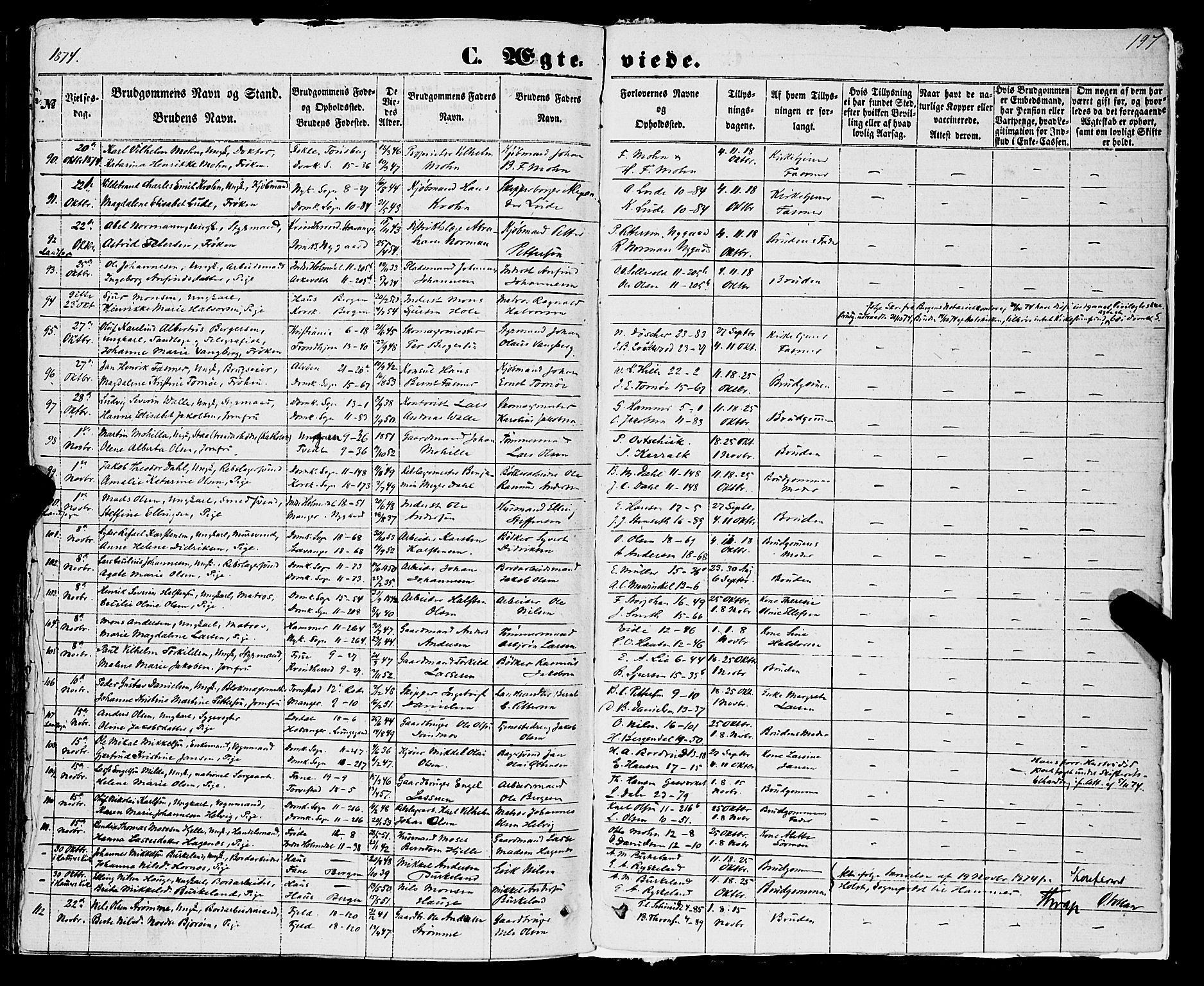 Domkirken sokneprestembete, AV/SAB-A-74801/H/Haa/L0034: Parish register (official) no. D 2, 1853-1874, p. 197
