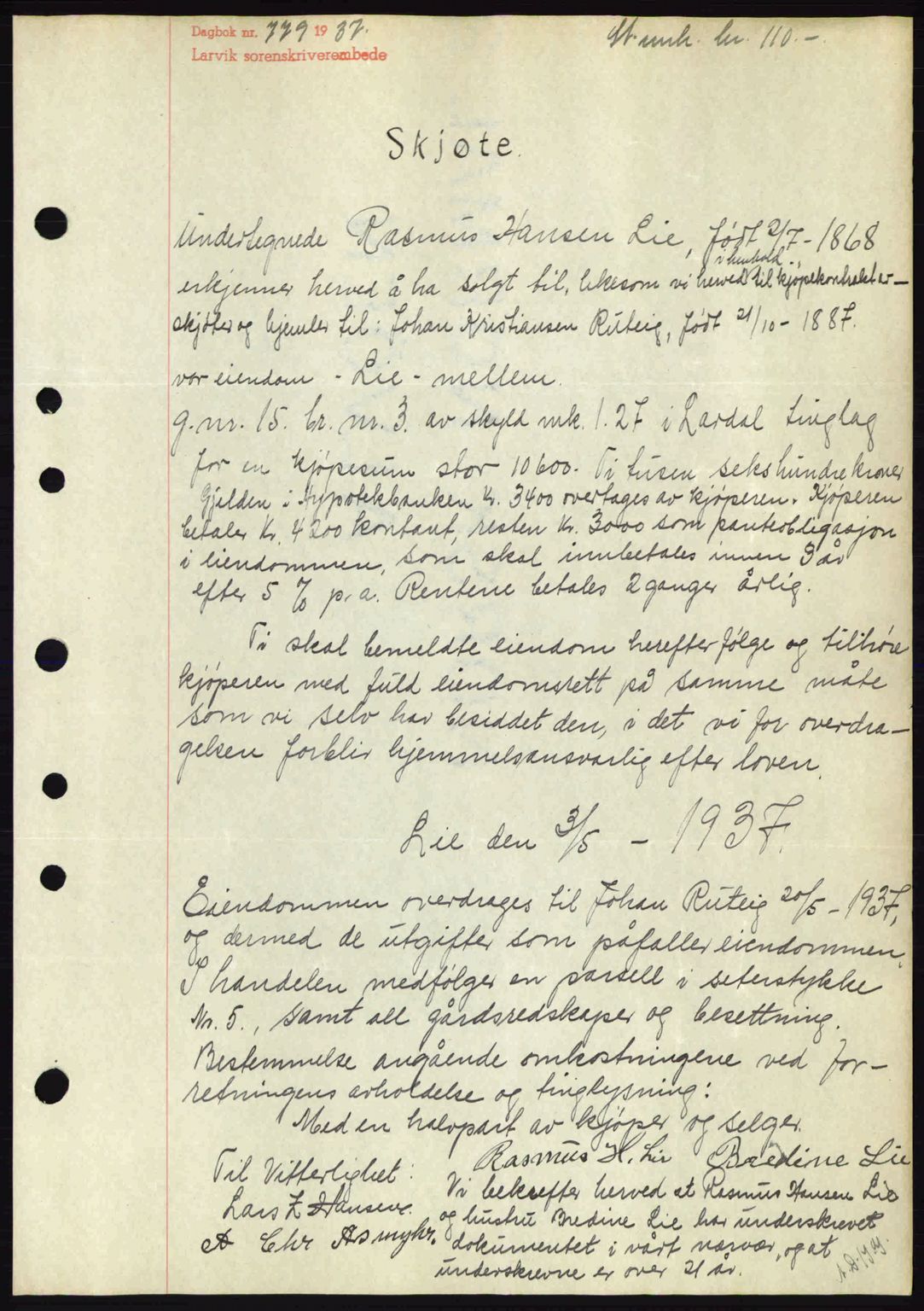 Larvik sorenskriveri, SAKO/A-83/G/Ga/Gab/L0067: Mortgage book no. A-1, 1936-1937, Diary no: : 779/1937