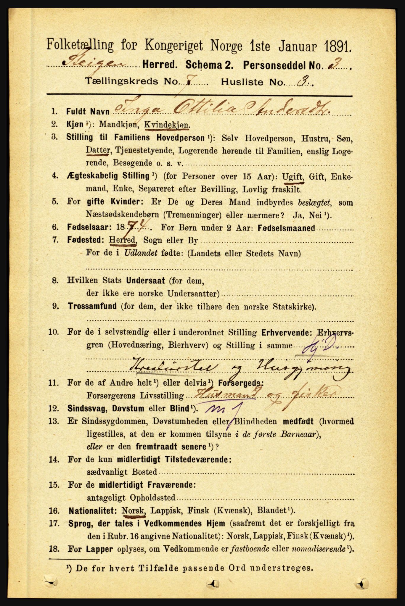 RA, 1891 census for 1848 Steigen, 1891, p. 2281