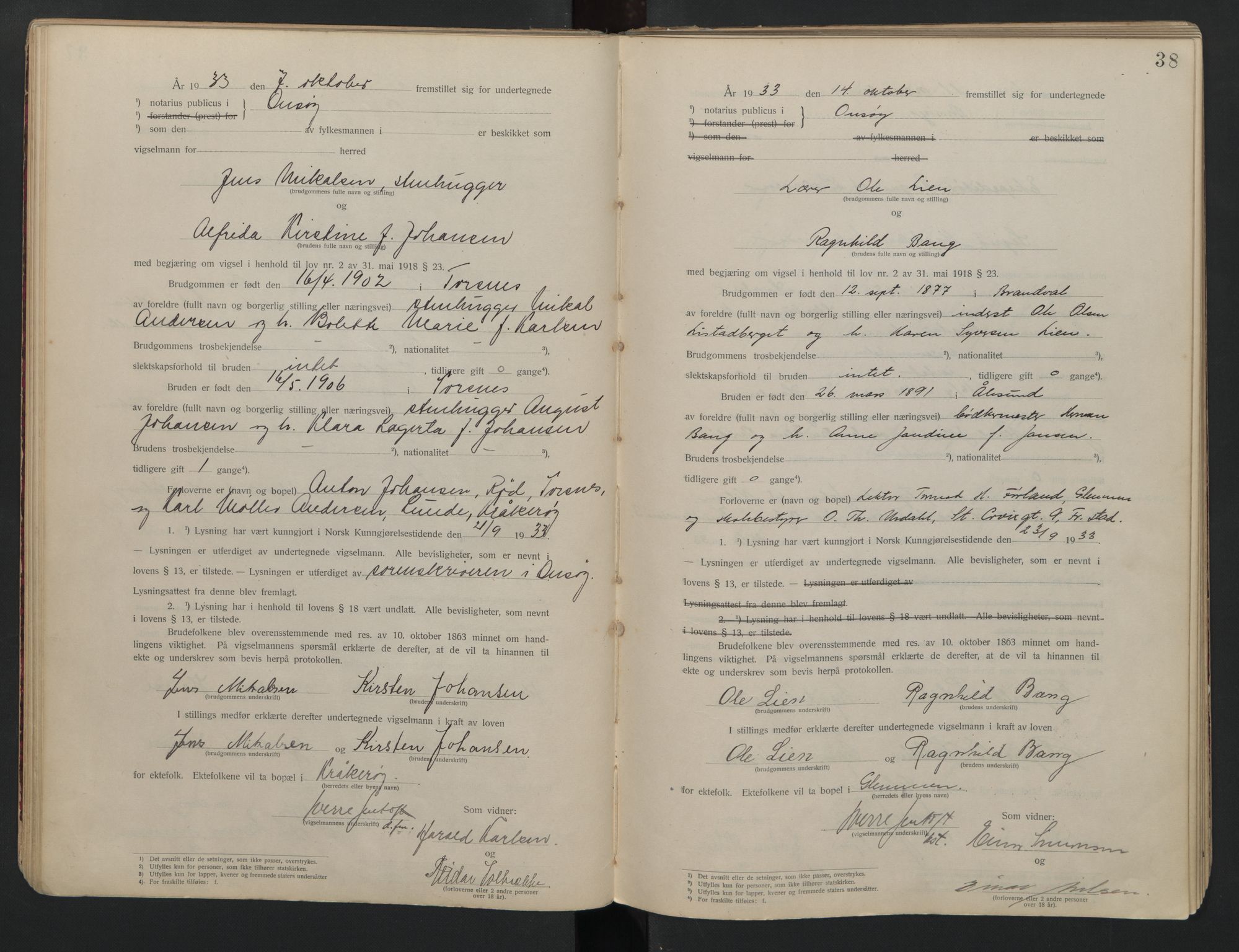 Onsøy sorenskriveri, AV/SAO-A-10474/L/La/L0001: Vigselsbok, 1920-1942, p. 38