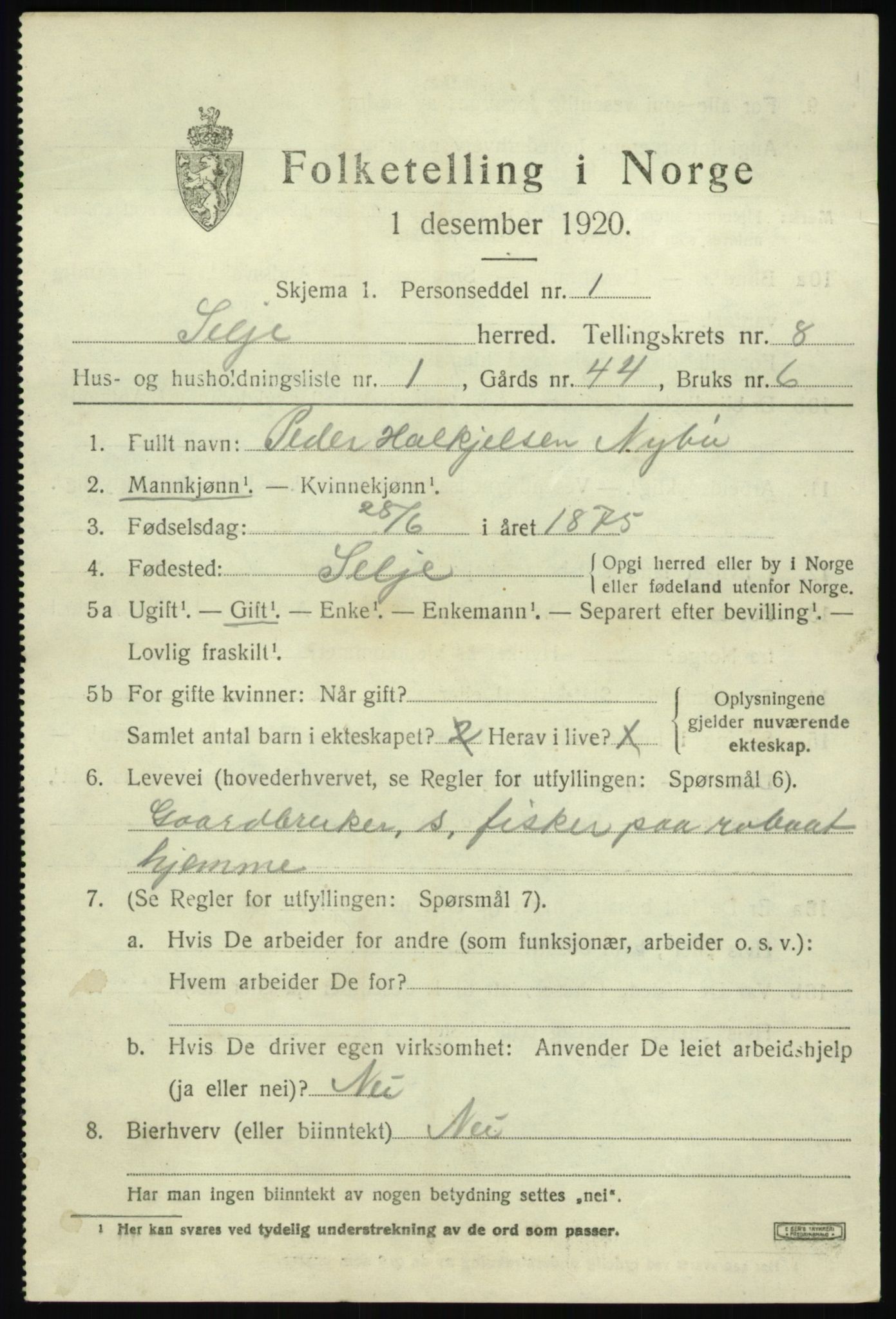 SAB, 1920 census for Selje, 1920, p. 3945