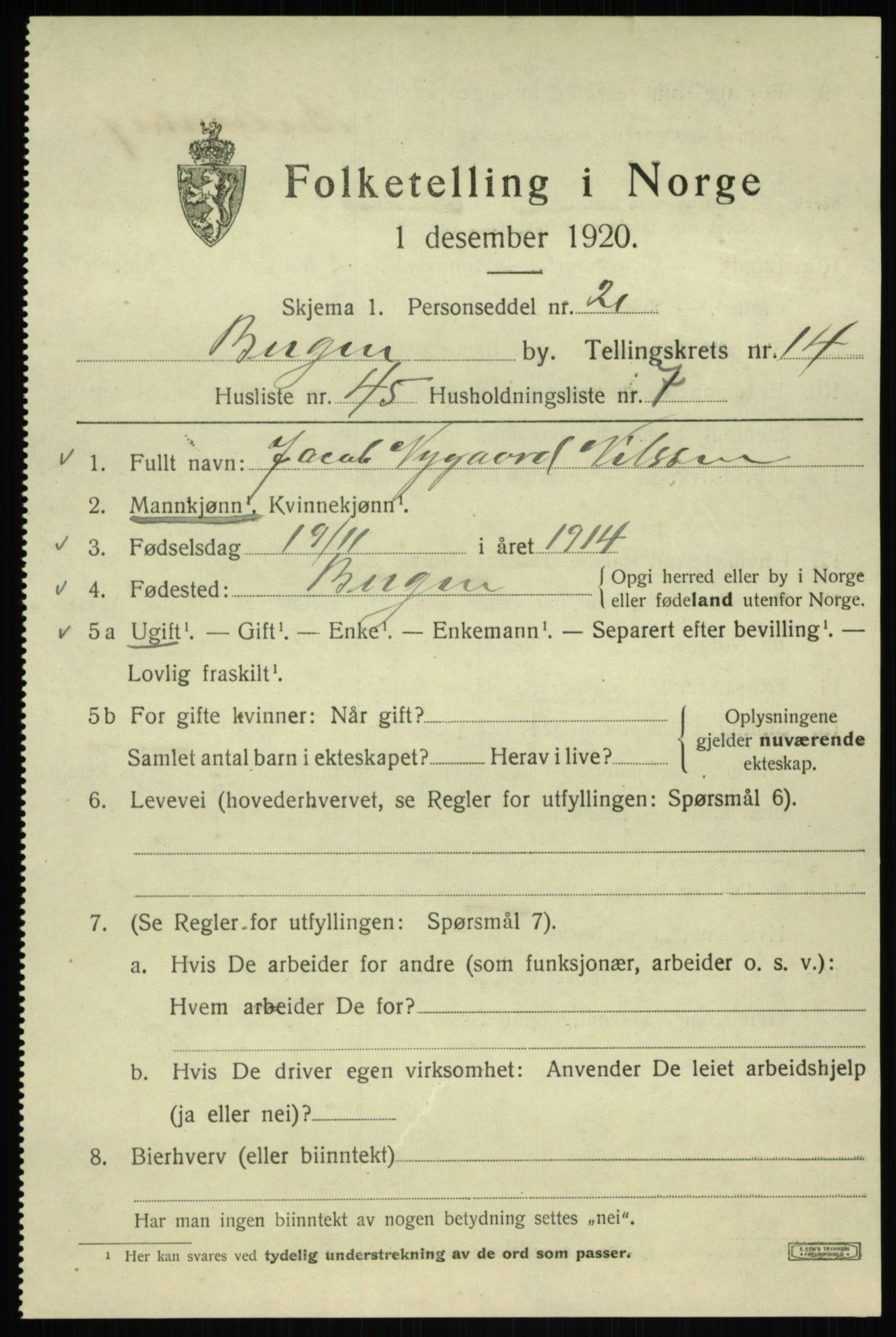 SAB, 1920 census for Bergen, 1920, p. 77137