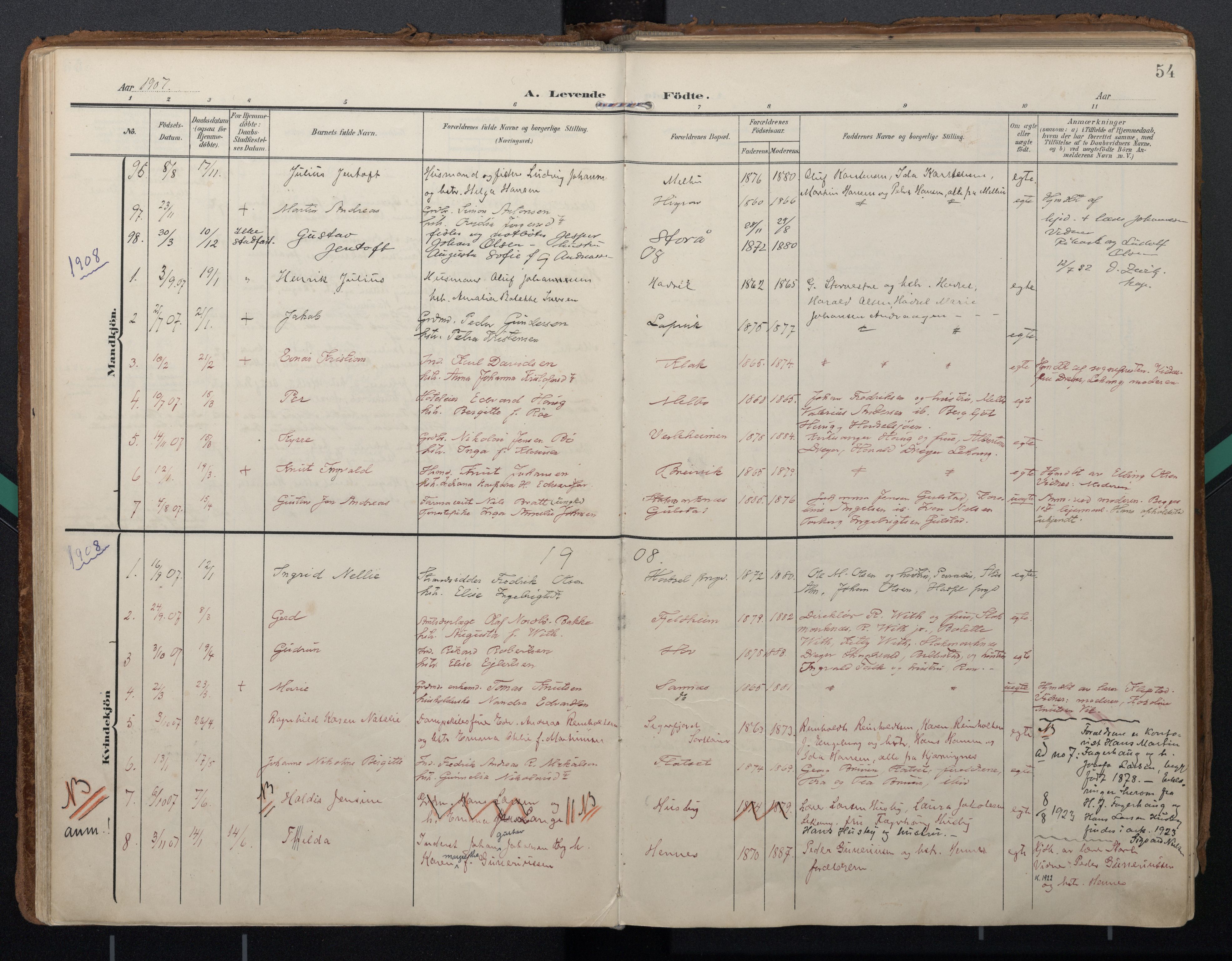 Ministerialprotokoller, klokkerbøker og fødselsregistre - Nordland, AV/SAT-A-1459/888/L1248: Parish register (official) no. 888A14, 1904-1913, p. 54