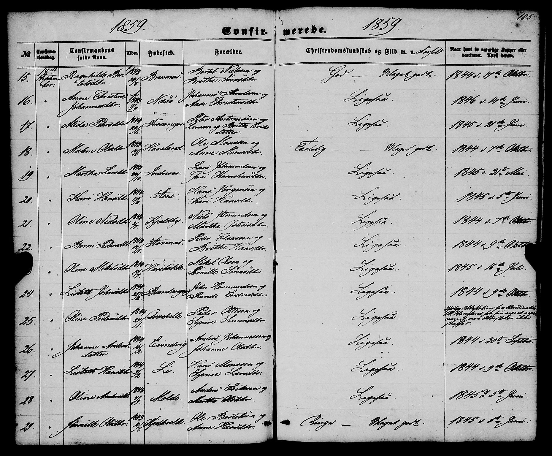 Gulen sokneprestembete, AV/SAB-A-80201/H/Haa/Haaa/L0022: Parish register (official) no. A 22, 1859-1869, p. 105