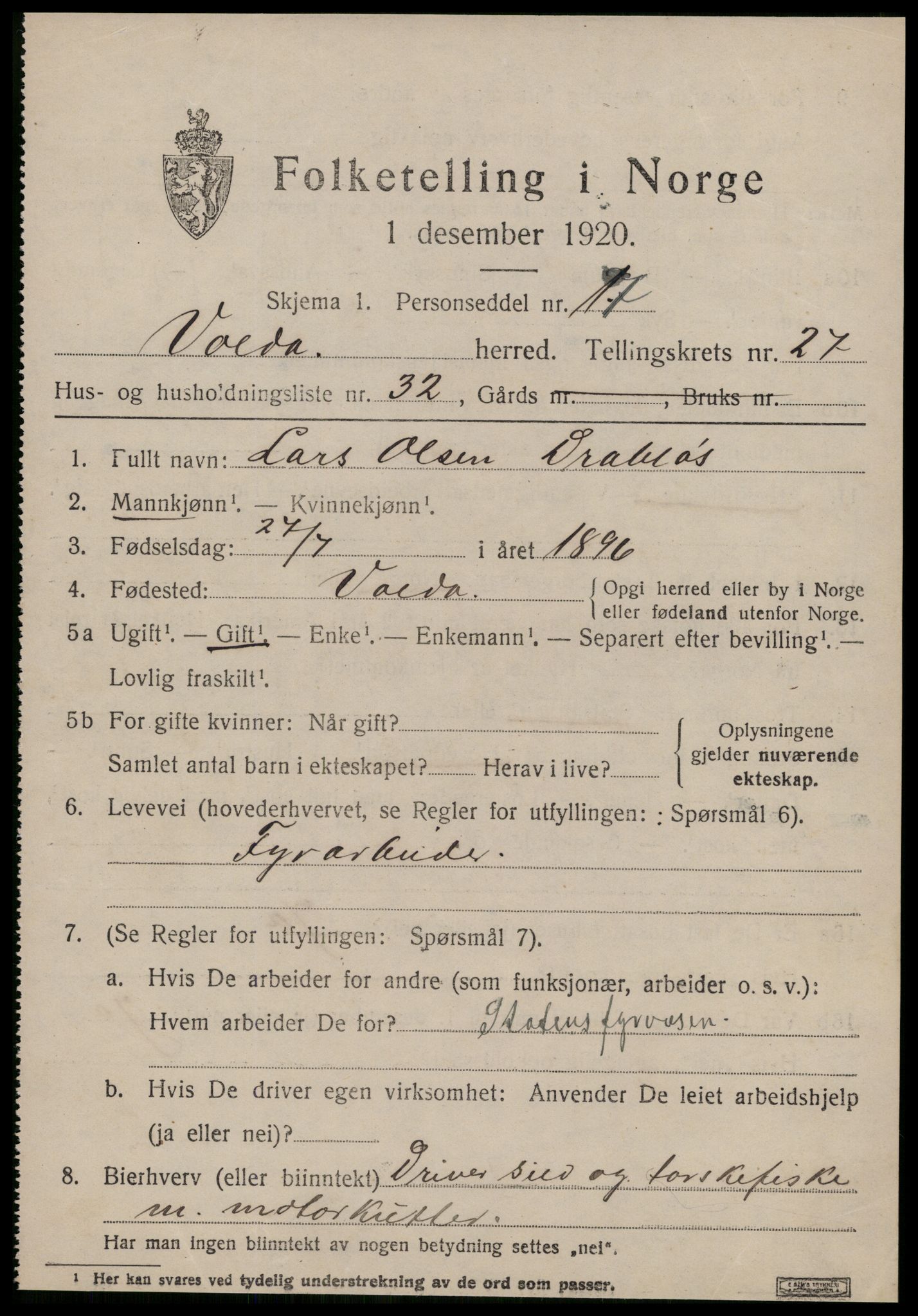 SAT, 1920 census for Volda, 1920, p. 12932