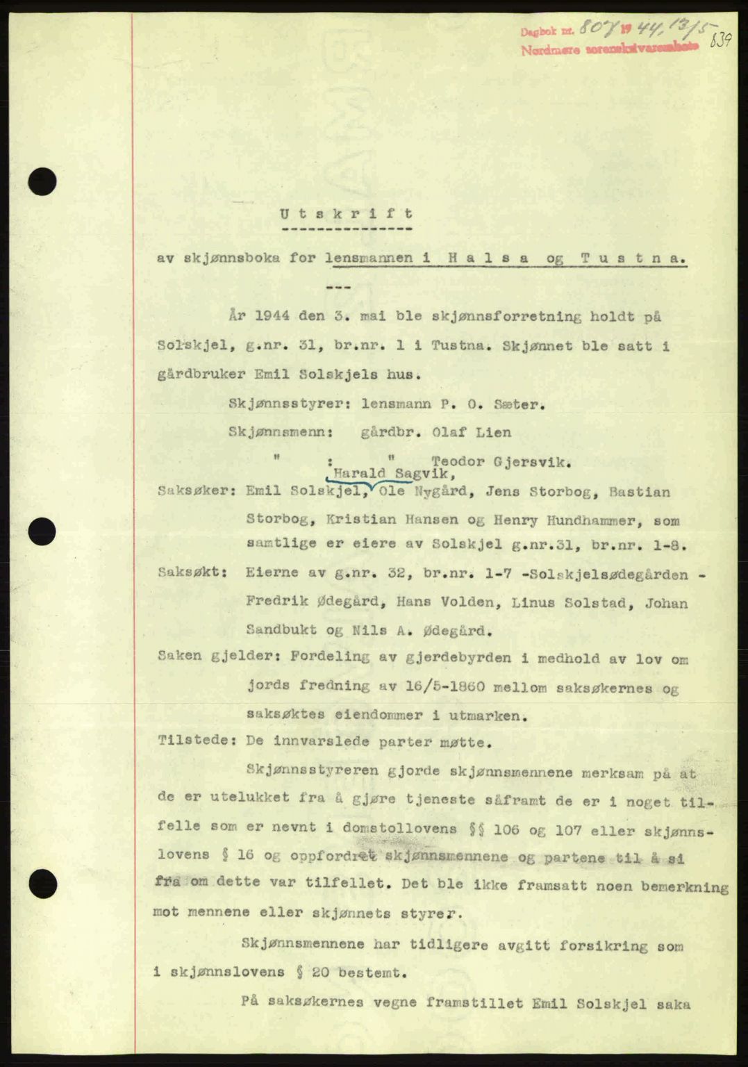 Nordmøre sorenskriveri, AV/SAT-A-4132/1/2/2Ca: Mortgage book no. B91, 1943-1944, Diary no: : 807/1944