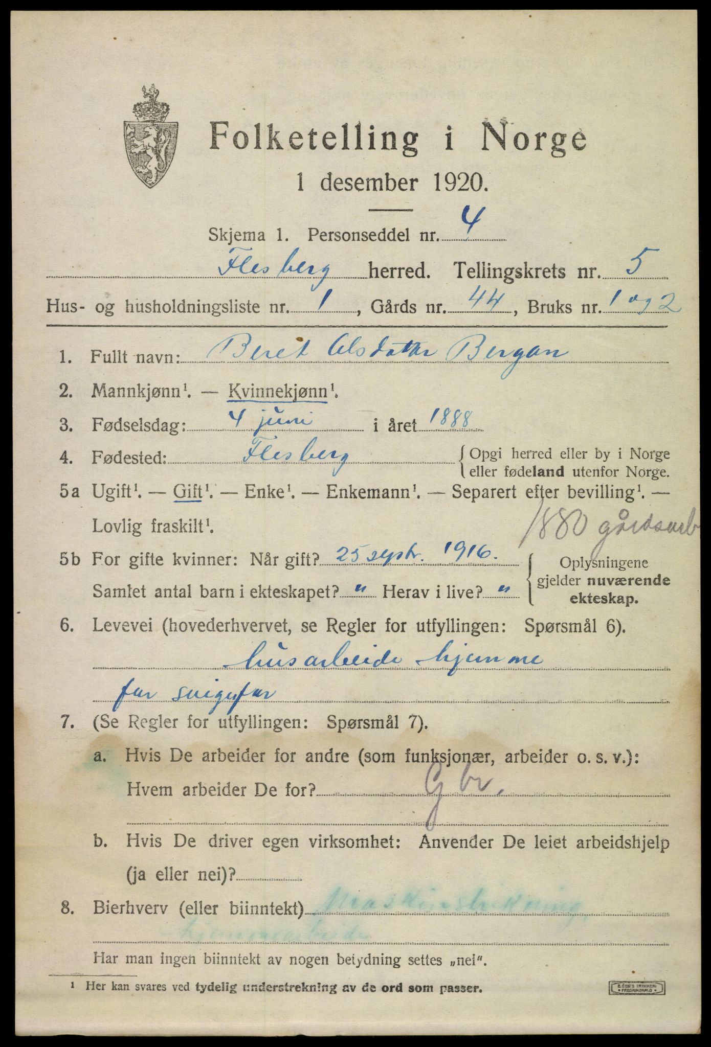 SAKO, 1920 census for Flesberg, 1920, p. 2421