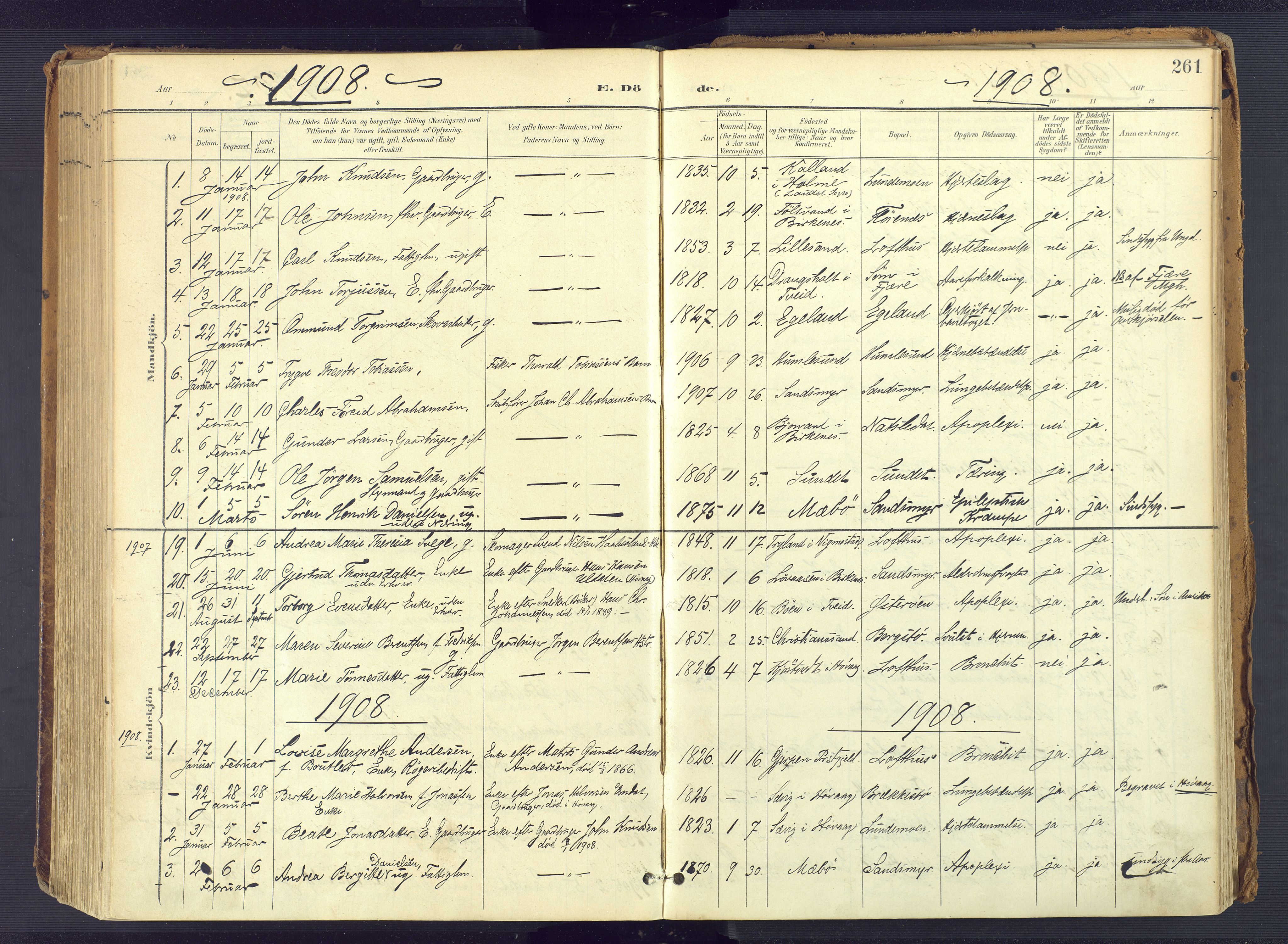 Vestre Moland sokneprestkontor, SAK/1111-0046/F/Fa/Fab/L0010: Parish register (official) no. A 10, 1900-1926, p. 261