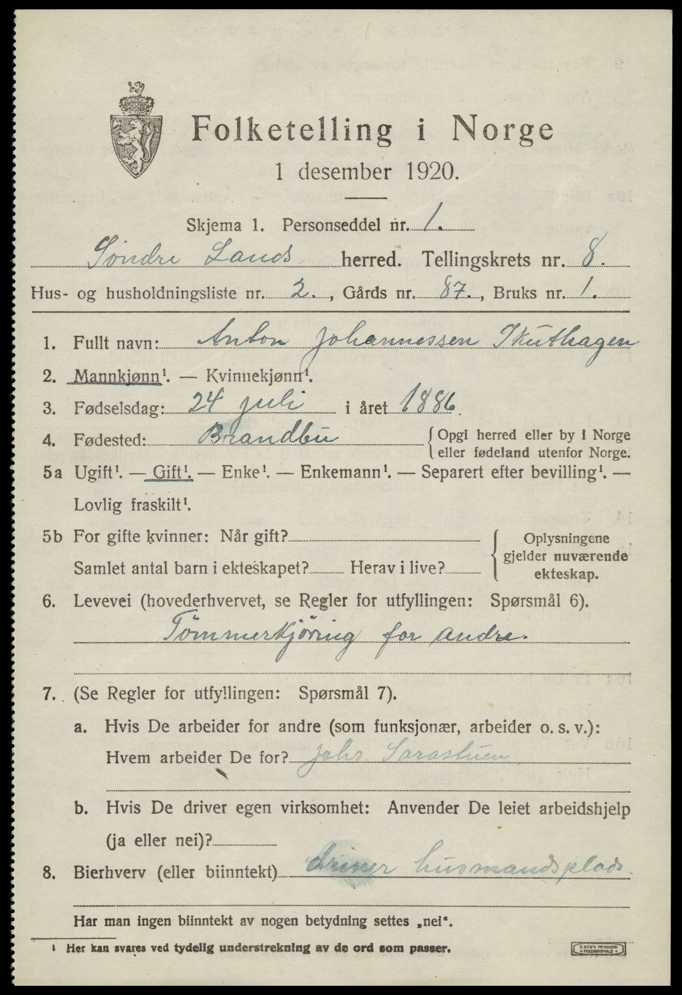 SAH, 1920 census for Søndre Land, 1920, p. 7603