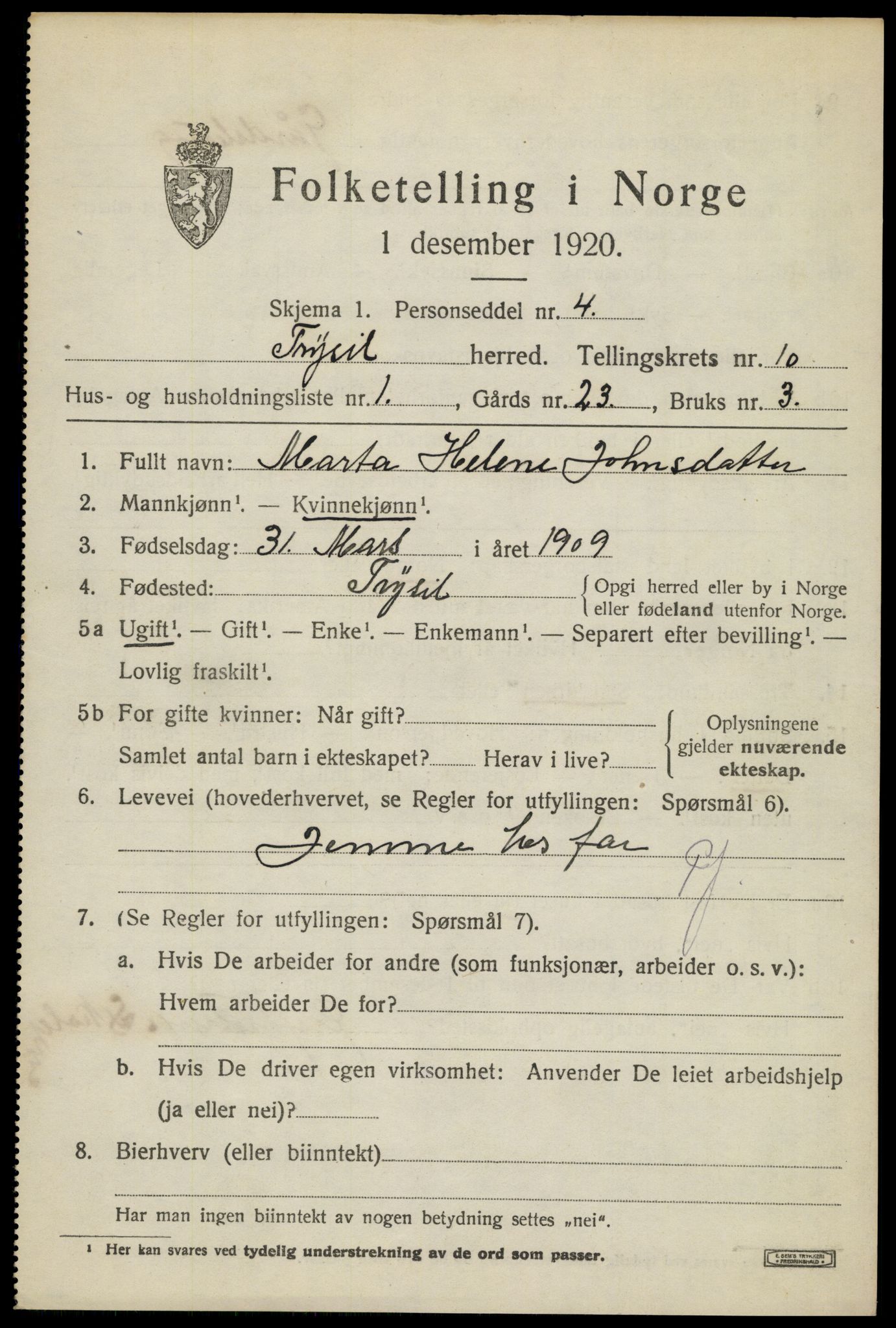 SAH, 1920 census for Trysil, 1920, p. 6869