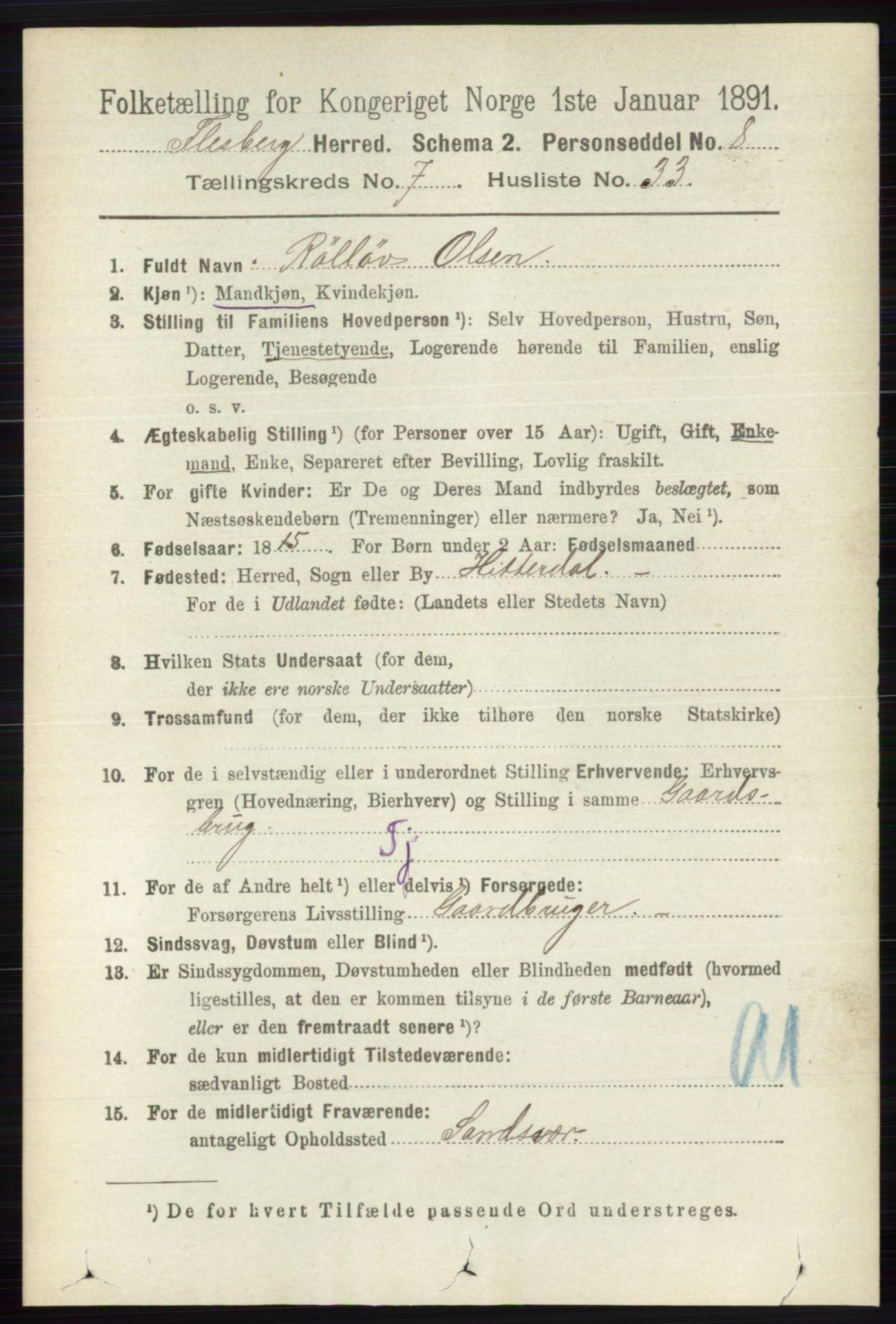 RA, 1891 census for 0631 Flesberg, 1891, p. 1316