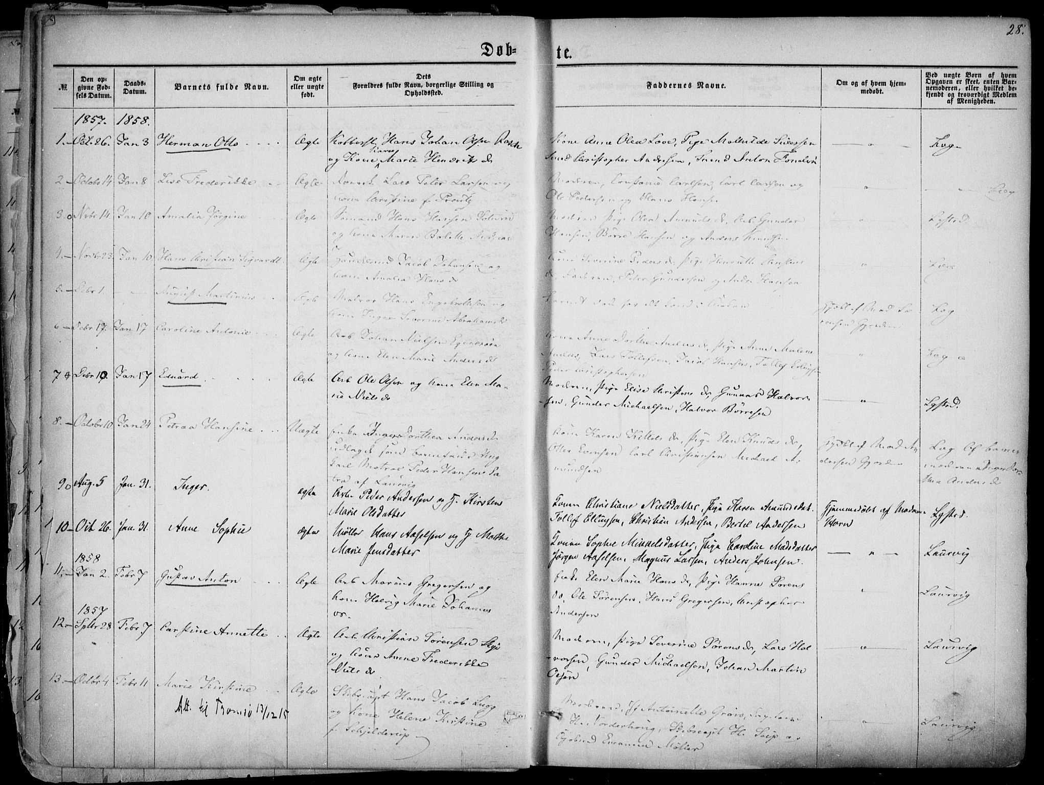 Larvik kirkebøker, AV/SAKO-A-352/F/Fa/L0004: Parish register (official) no. I 4, 1856-1870, p. 28