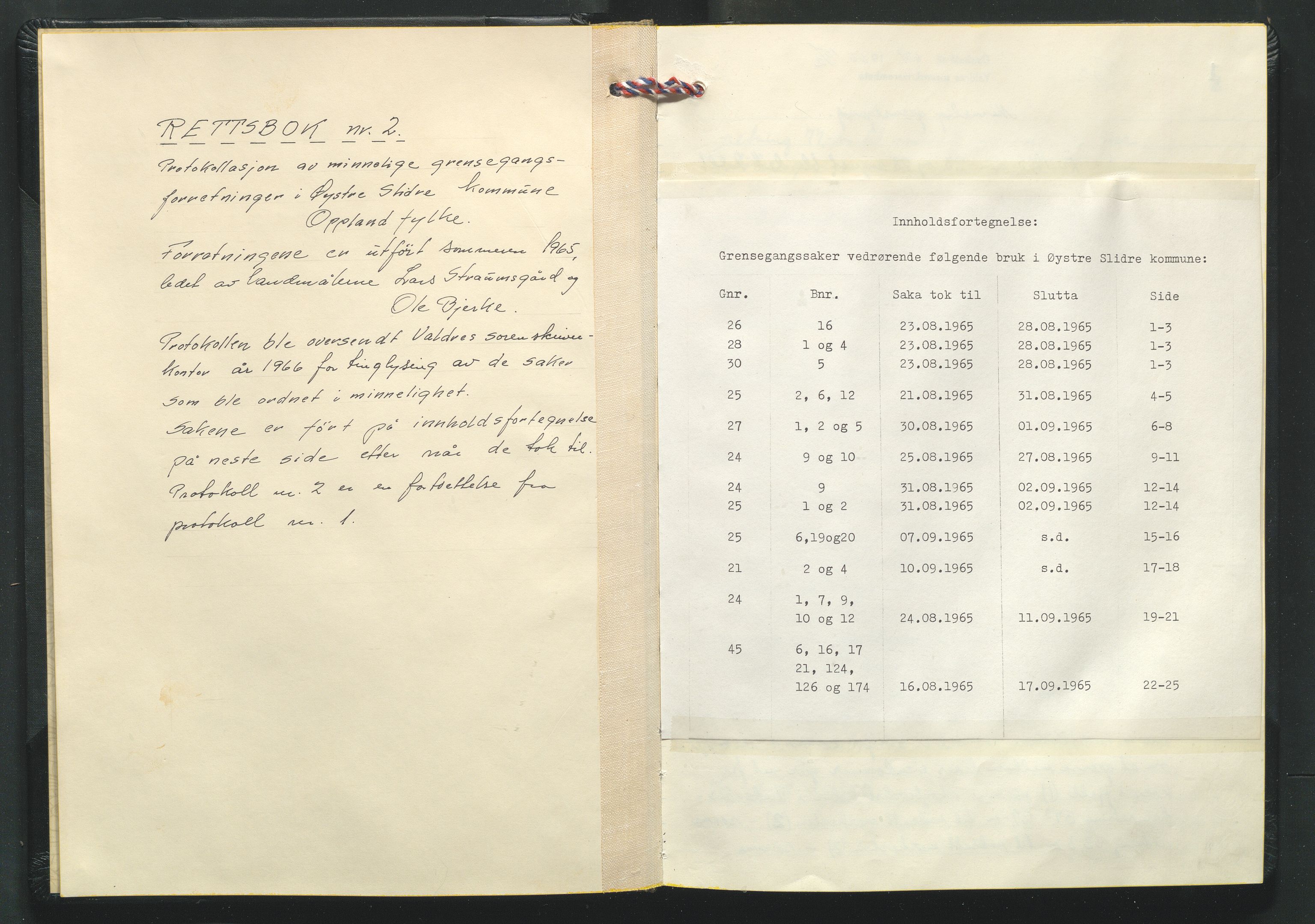 Valdres jordskifterett, AV/SAH-JORDSKIFTEO-003/G/Gb/L0001/0002: Rettsbøker - minnelige grensegangsforretninger i Øystre Slidre / Rettsbok - protokoll nr. 2, 1965