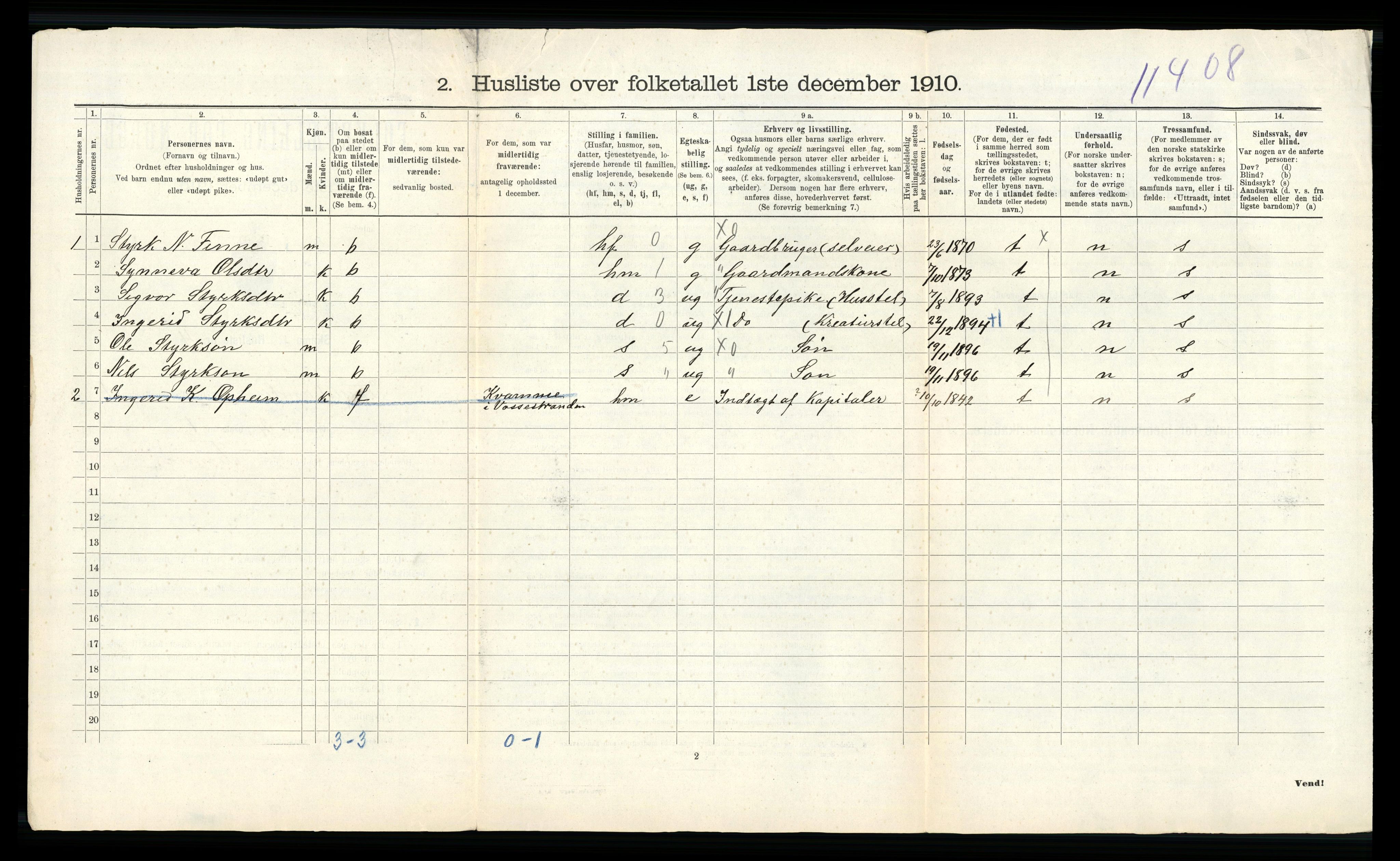 RA, 1910 census for Vossestrand, 1910, p. 34