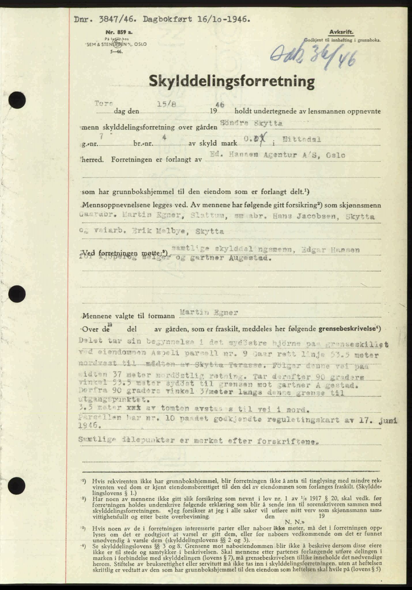 Nedre Romerike sorenskriveri, AV/SAO-A-10469/G/Gb/Gbd/L0017: Mortgage book no. 17, 1946-1946, Diary no: : 3847/1946