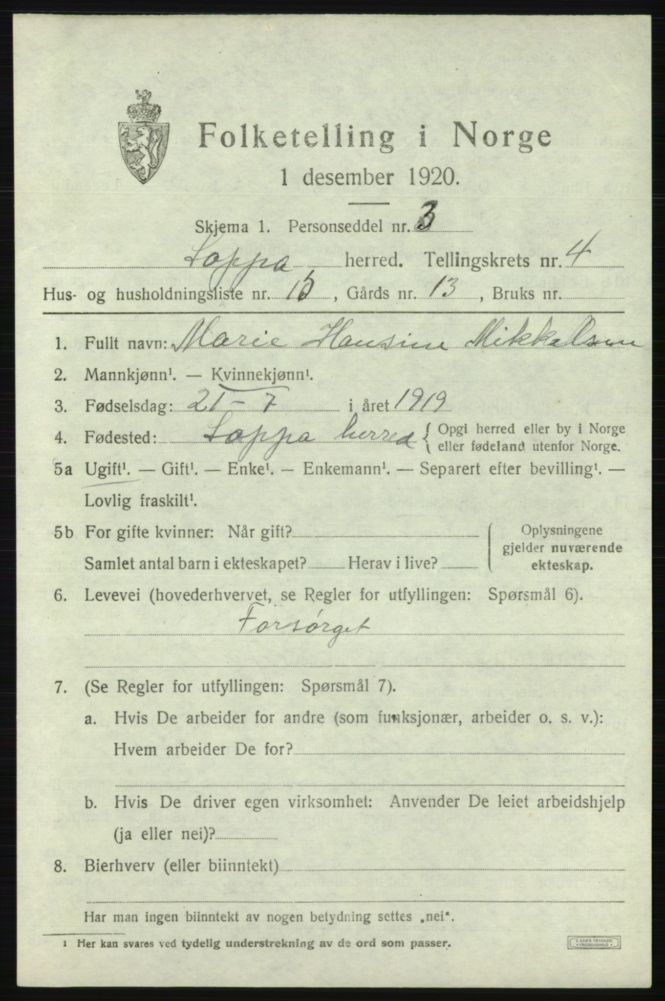 SATØ, 1920 census for Loppa, 1920, p. 1480