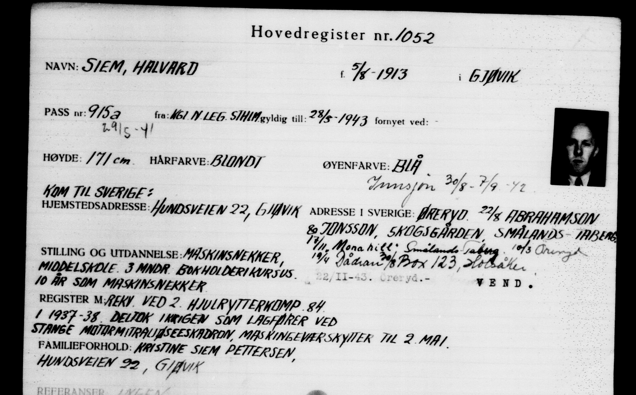 Den Kgl. Norske Legasjons Flyktningskontor, AV/RA-S-6753/V/Va/L0002: Kjesäterkartoteket.  Flyktningenr. 1001-2000, 1940-1945, p. 85