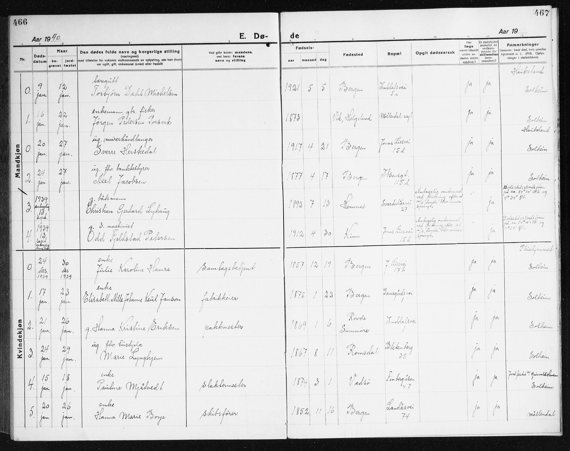 Årstad Sokneprestembete, SAB/A-79301/H/Haa/L0010: Parish register (official) no. E 1, 1921-1940, p. 466-467
