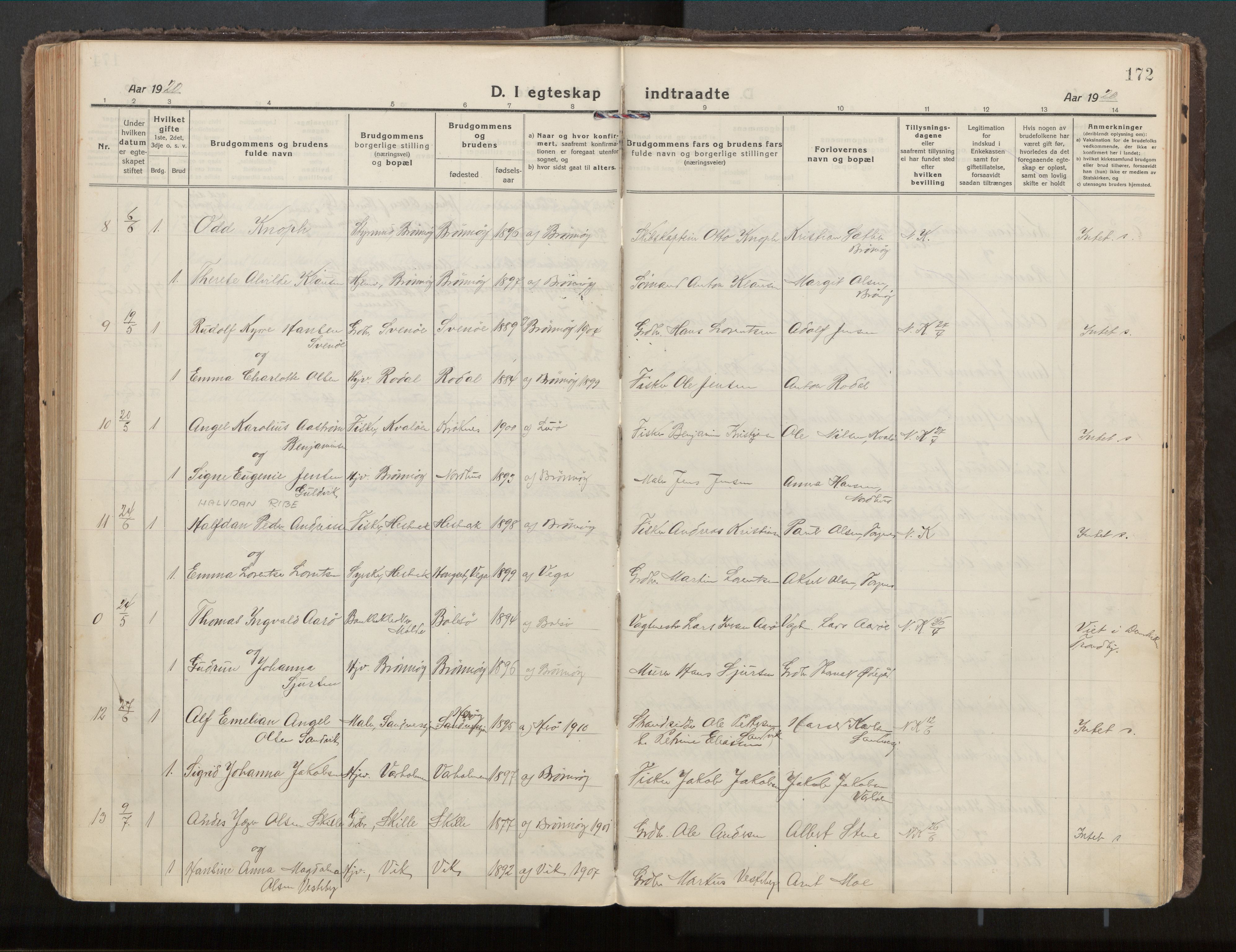 Ministerialprotokoller, klokkerbøker og fødselsregistre - Nordland, AV/SAT-A-1459/813/L0207a: Parish register (official) no. 813A18, 1919-1927, p. 172